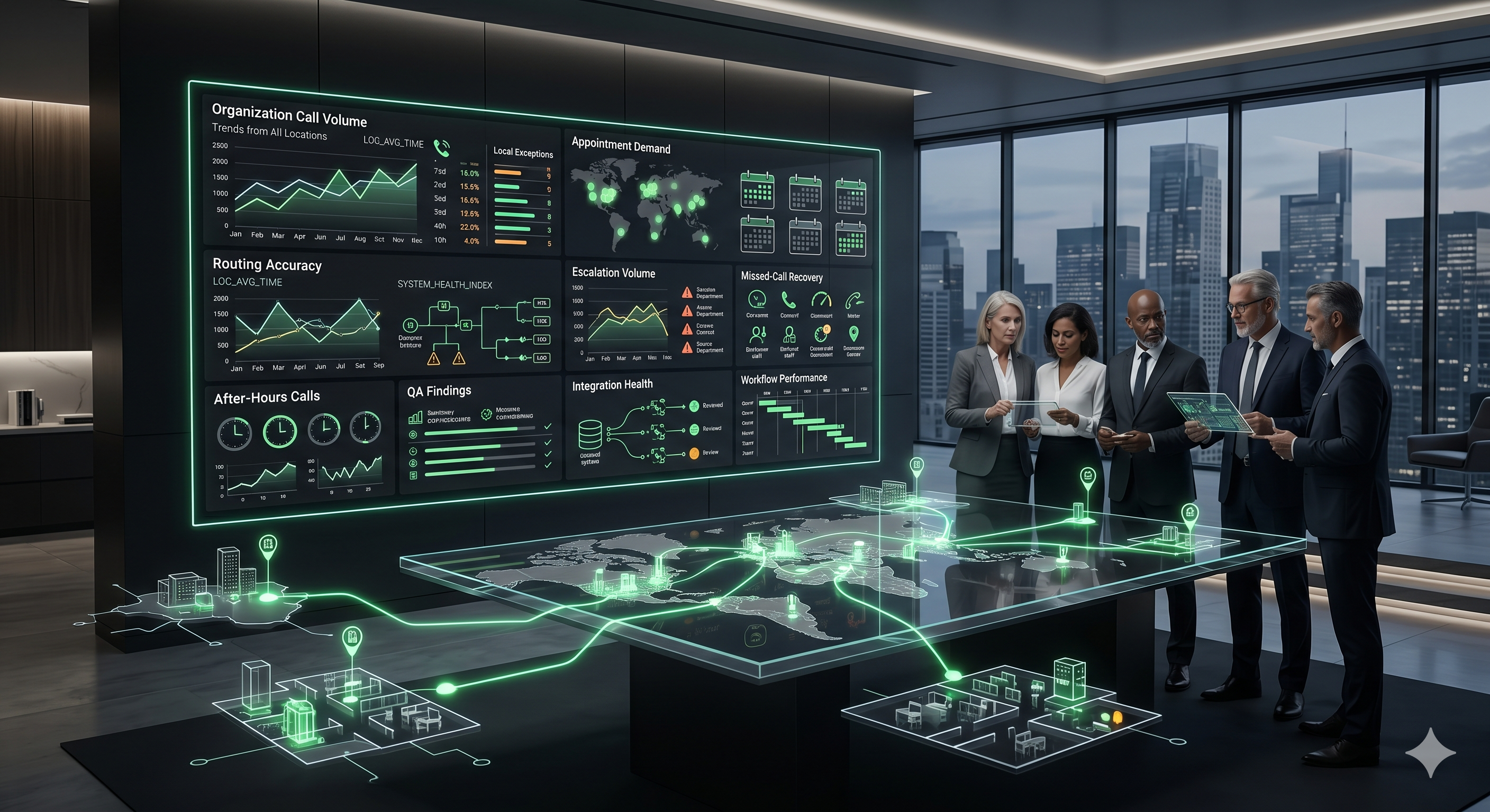 Multi-location Voice AI reporting and governance dashboard visual showing location-by-location call volume, appointment demand, routing accuracy, escalation volume, after-hours calls, QA findings, integration health, and workflow performance