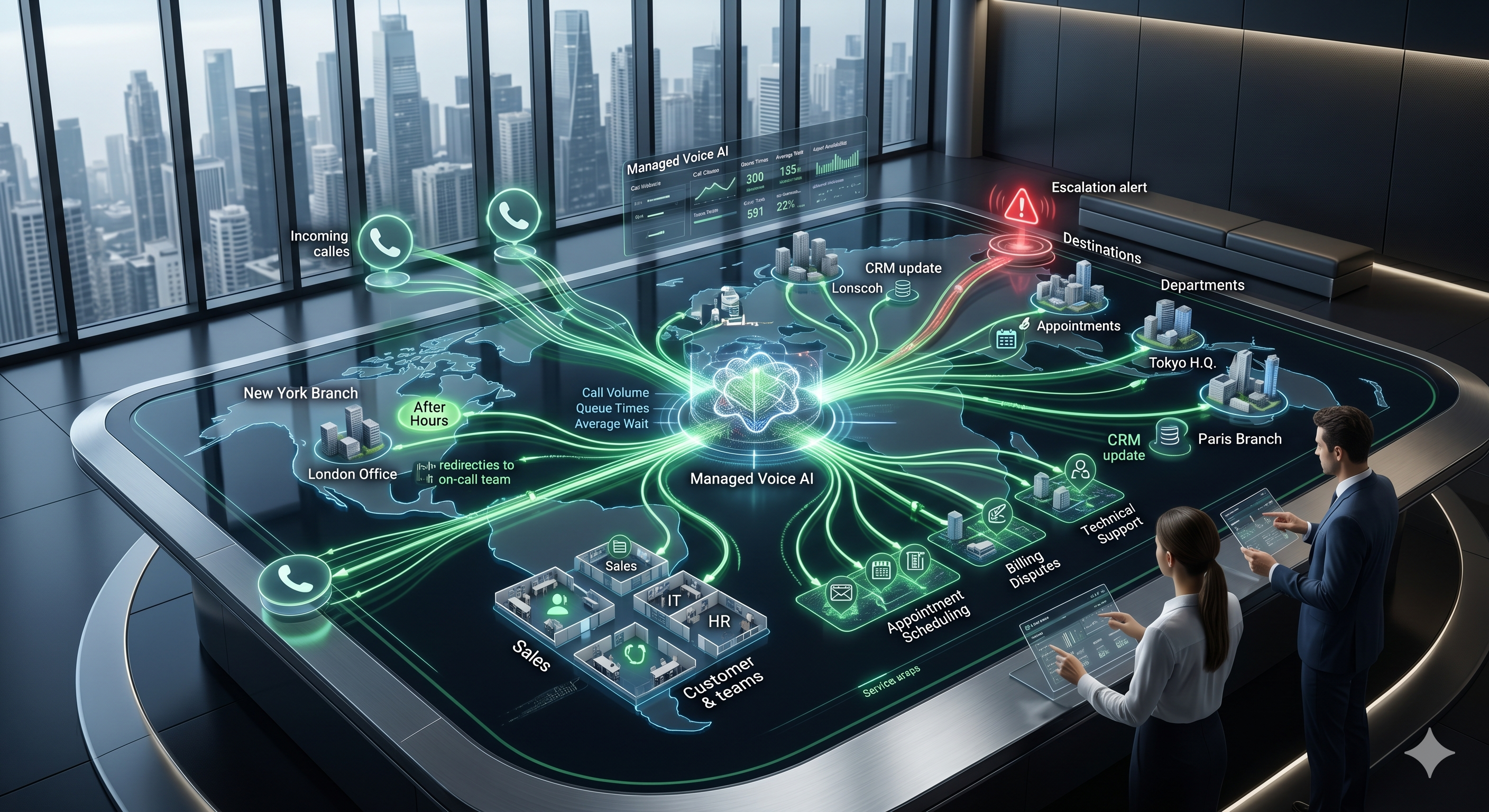 Centralized multi-location Voice AI routing visual showing call signals flowing through a managed AI layer to different locations, departments, staff handoffs, business-hour rules, and escalation paths