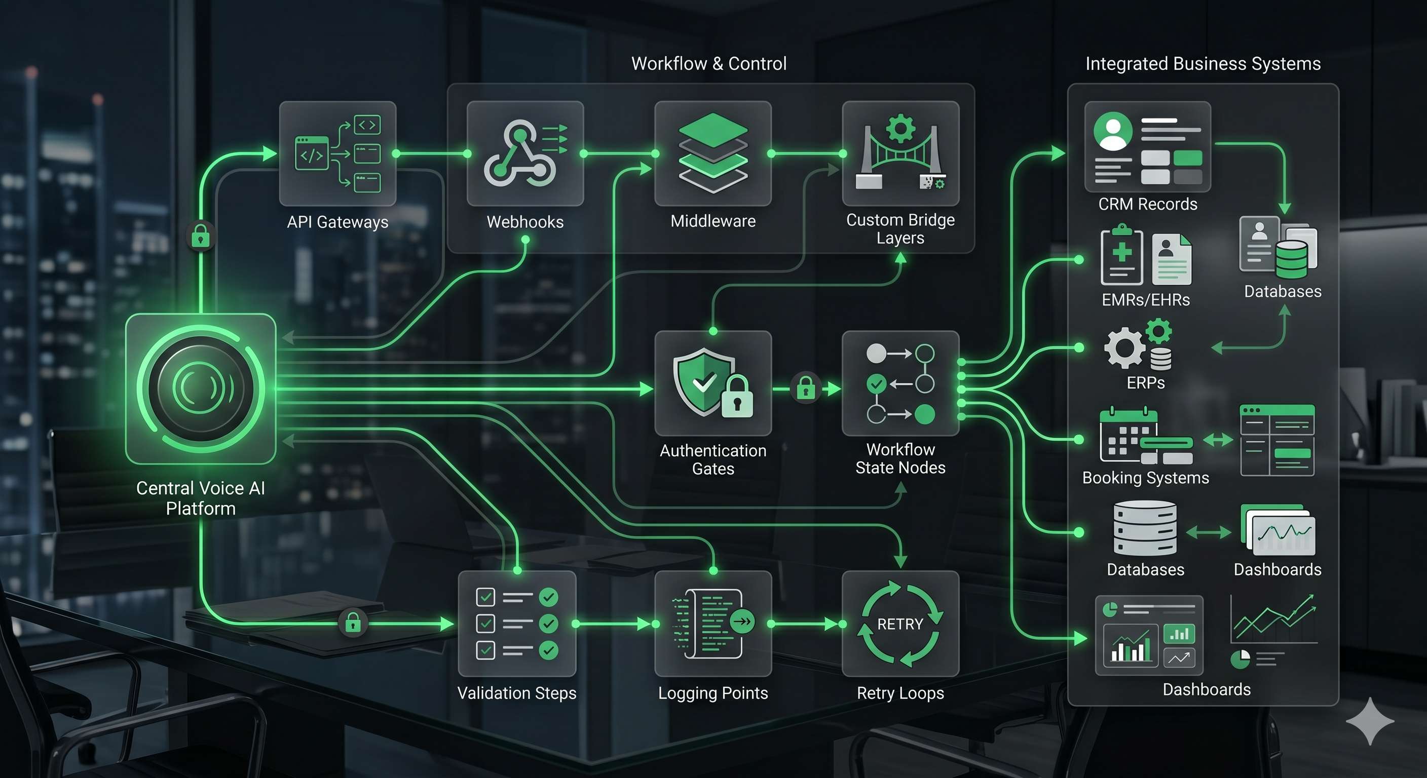 Custom Voice AI API architecture visual showing API gateways, webhooks, middleware, custom bridge layers, authentication gates, workflow state nodes, validation steps, logging points, retry loops, and business system connections