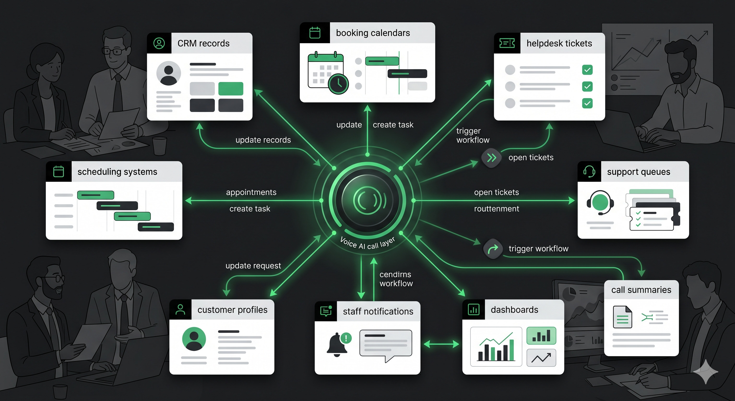 Custom Voice AI integration workflow connecting calls to CRM records, booking calendars, scheduling systems, helpdesk tickets, support queues, customer profiles, staff notifications, dashboards, and call summaries