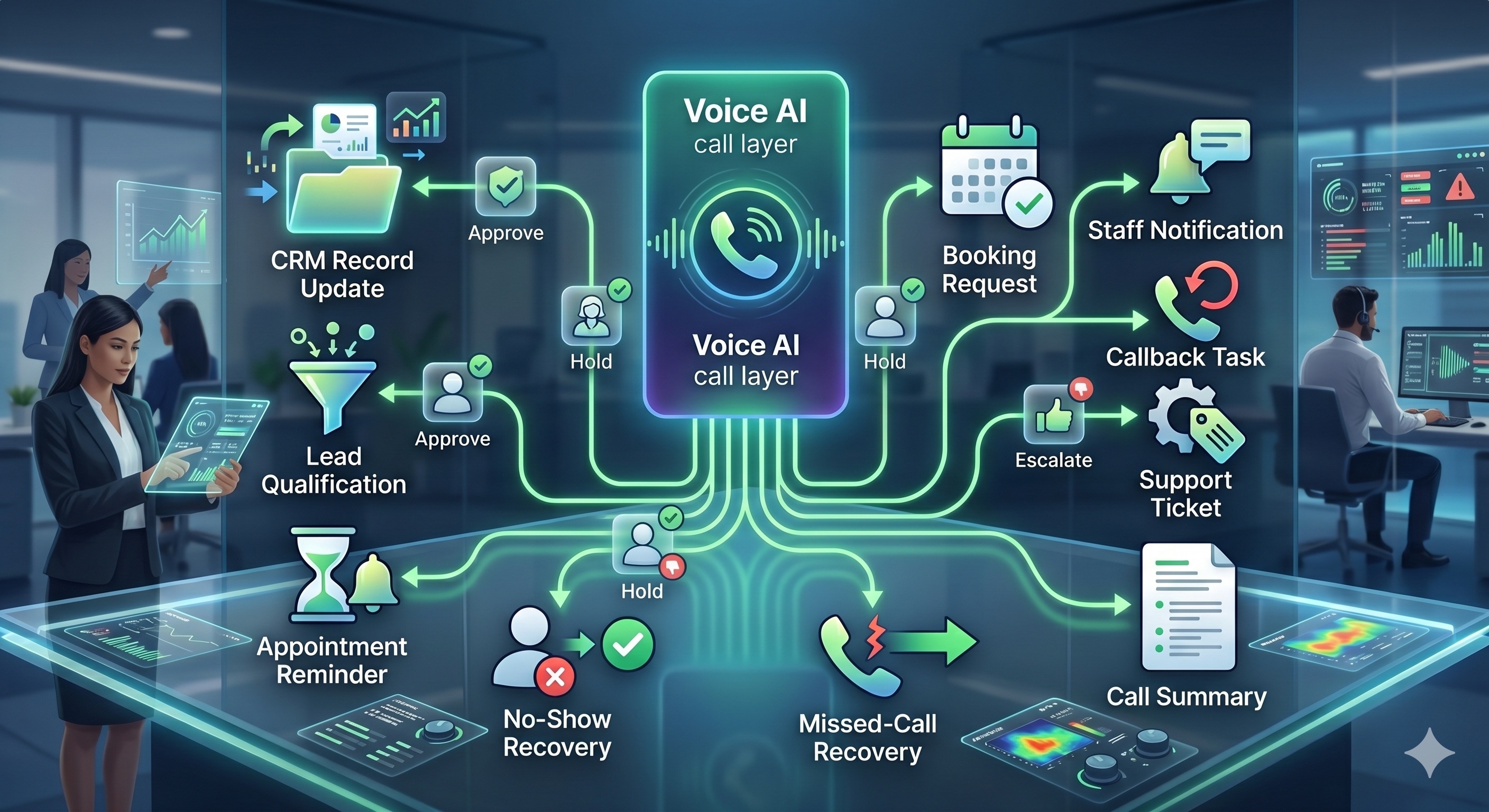 Voice AI workflow automation visual showing approval gates, escalation rules, staff notification paths, manager review queues, urgent alerts, fallback routes, and human handoff nodes