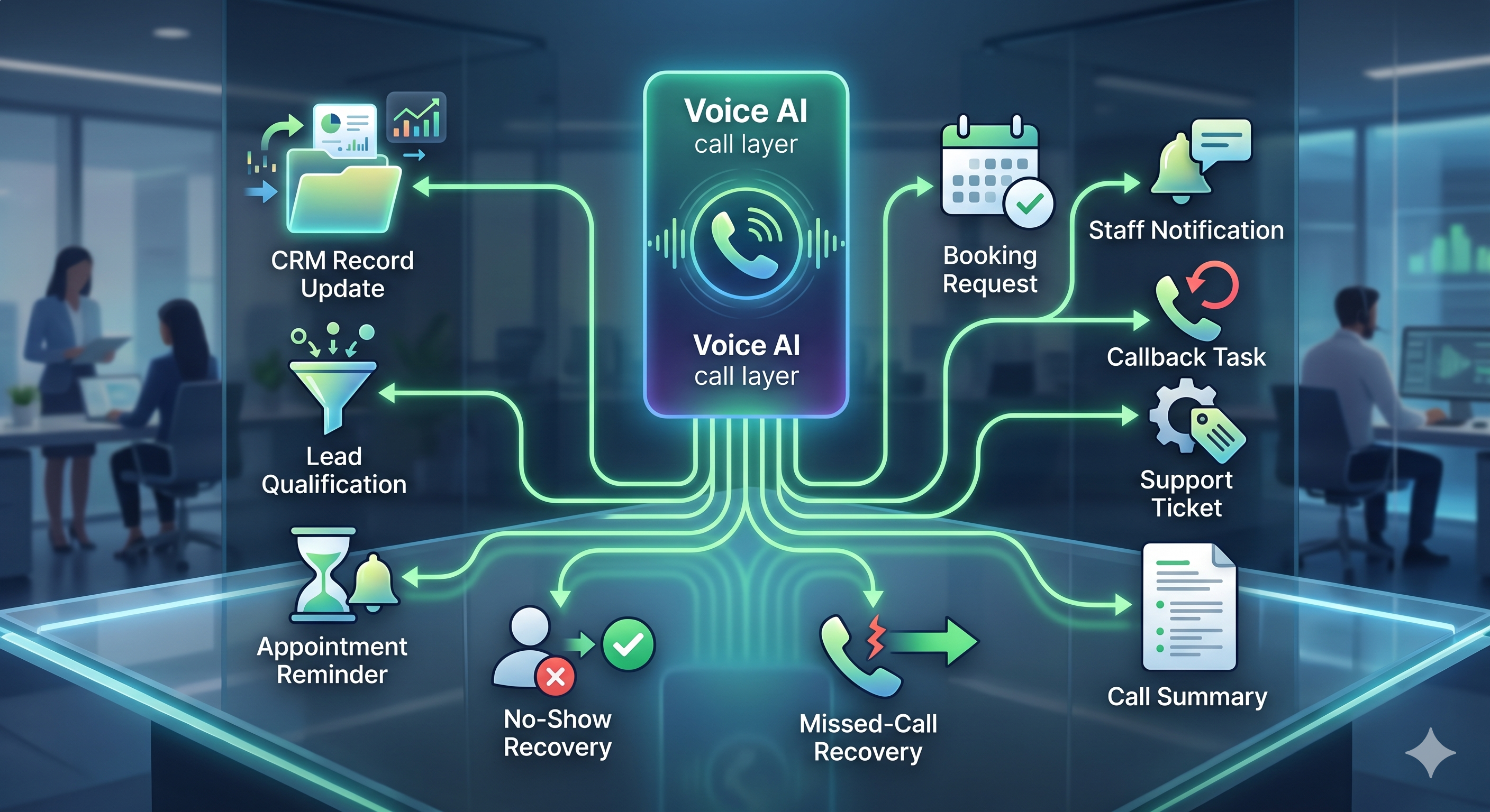 Voice AI workflow automation visual showing a central call layer branching into CRM updates, booking requests, staff notifications, callback tasks, support tickets, lead qualification, reminders, recovery workflows, and call summaries