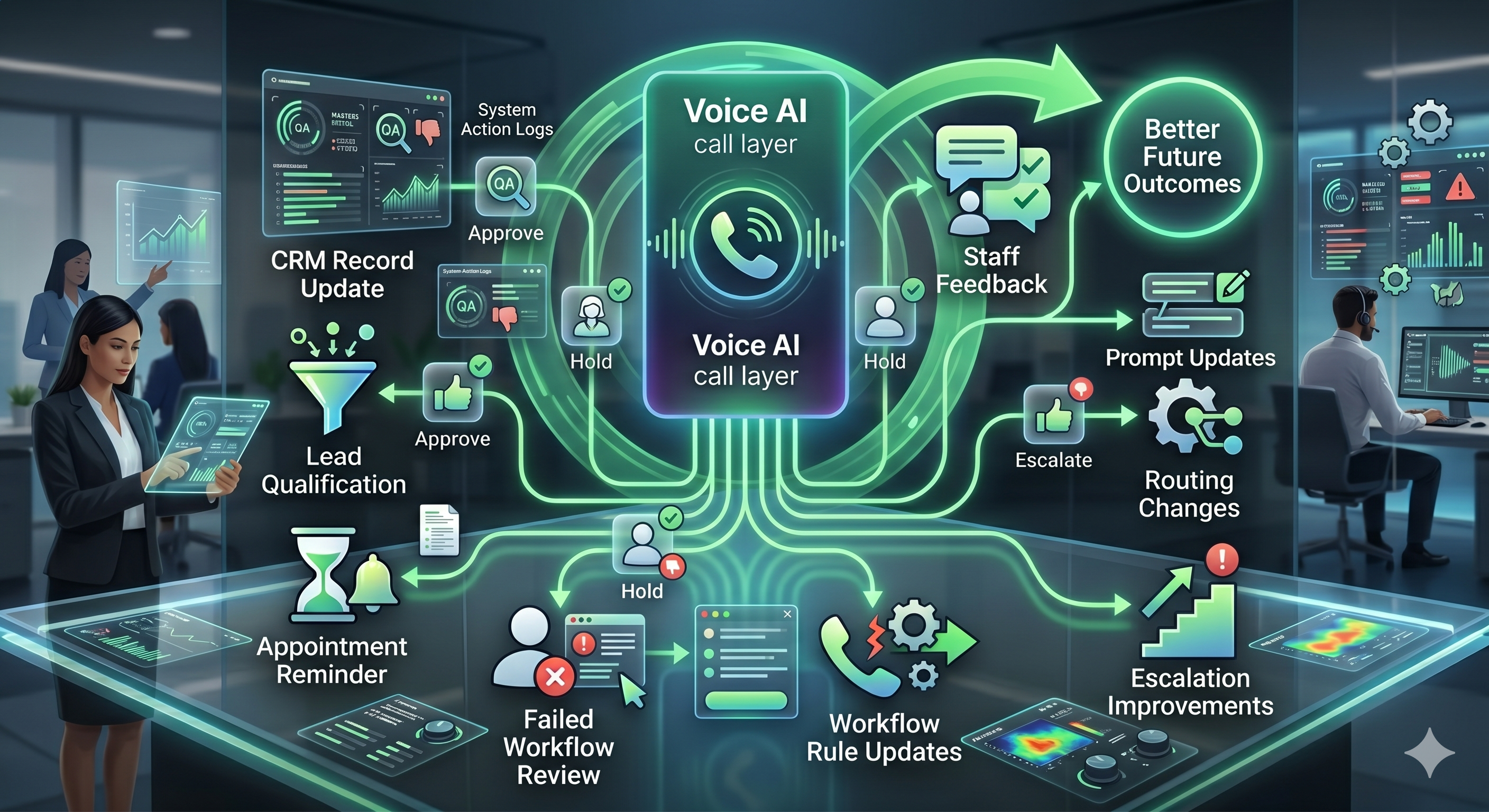 Voice AI workflow optimization visual showing call outcomes, reporting dashboards, QA findings, staff feedback, failed workflow review, prompt updates, routing changes, workflow rule updates, escalation improvements, and better future outcomes