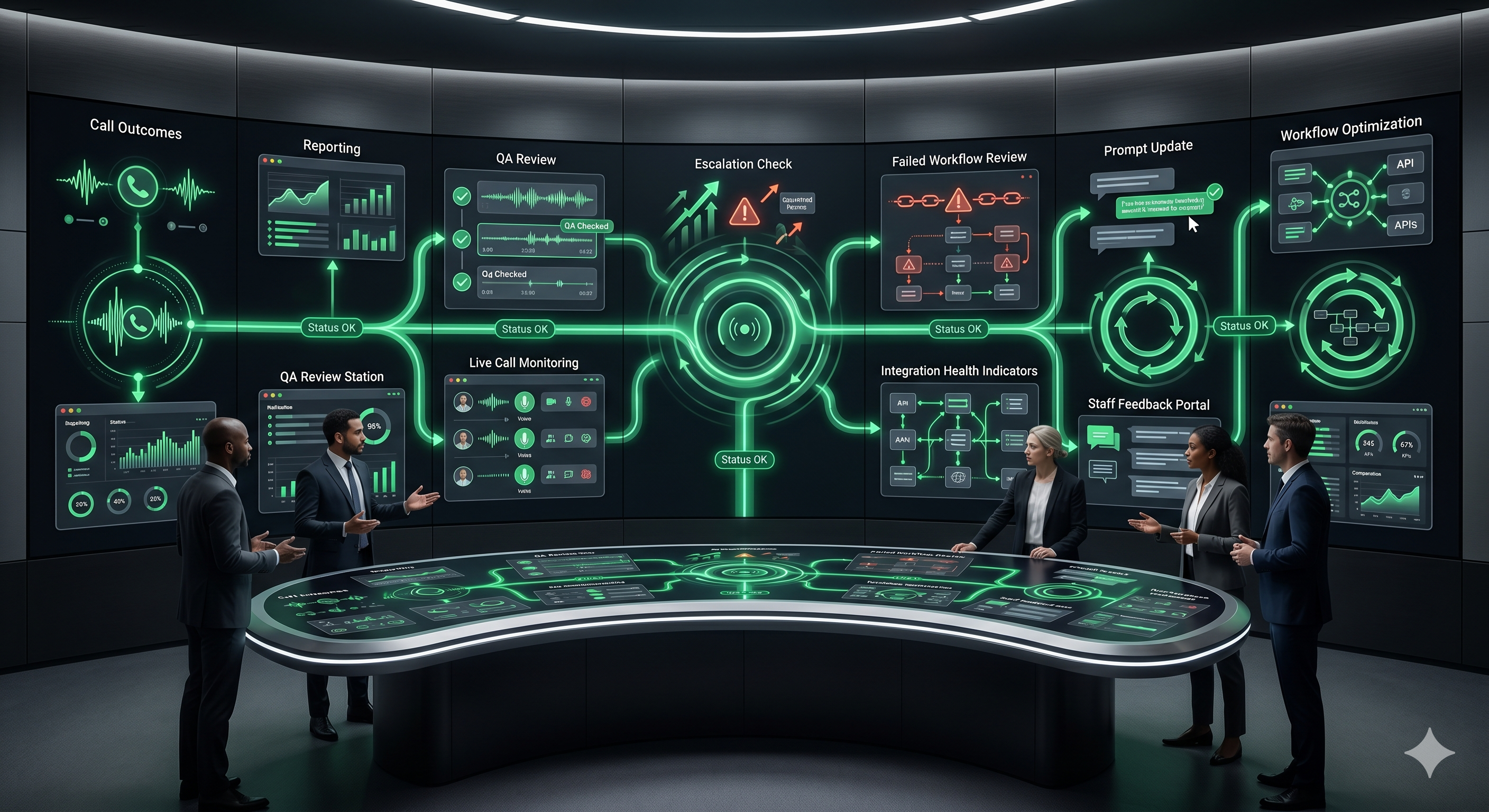 Managed Voice AI operations layer showing call outcomes, reporting, QA review, call monitoring, escalation checks, failed workflow review, integration health, prompt updates, workflow optimization, staff feedback, and performance dashboards