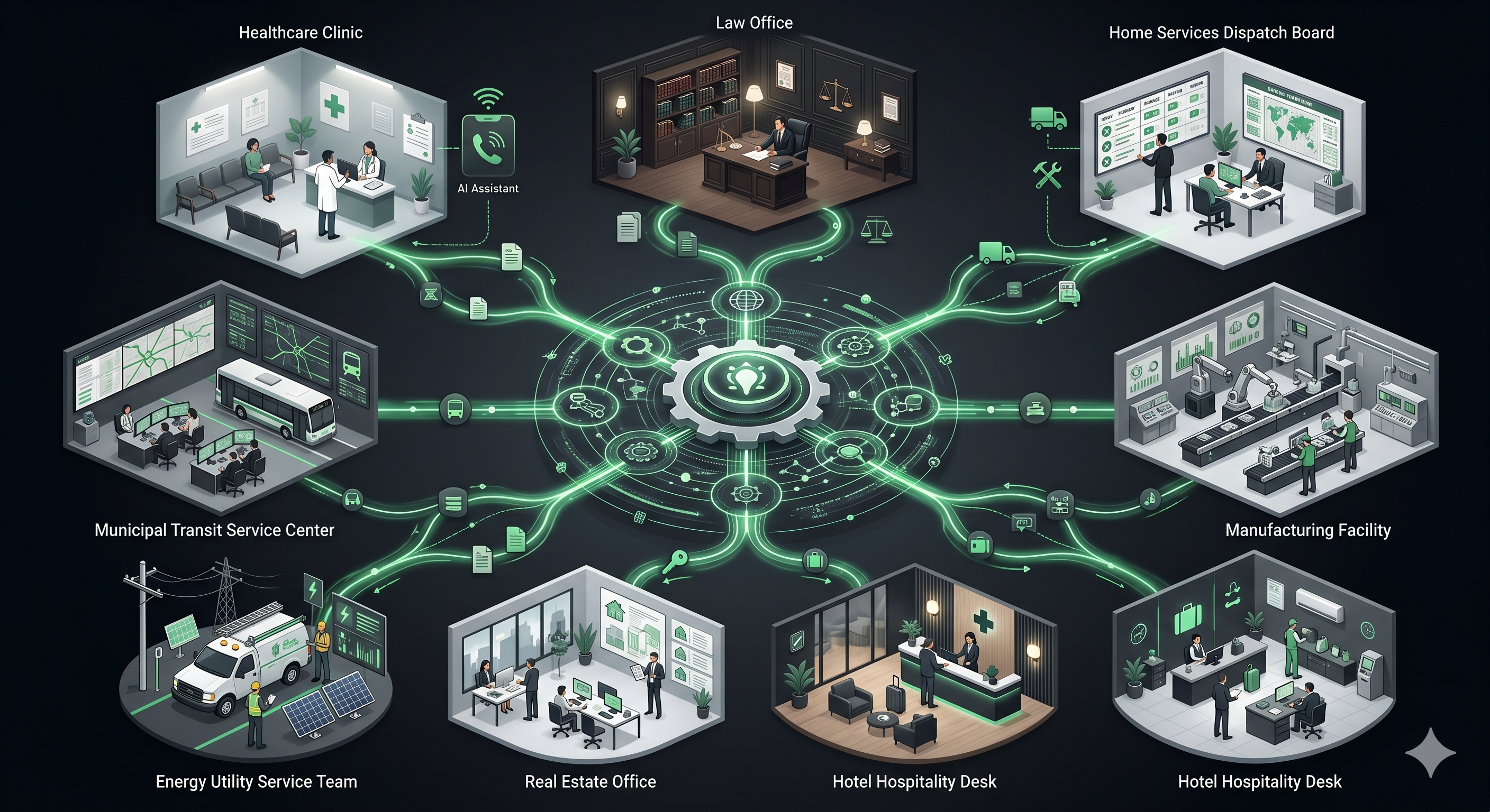 Cross-industry managed Voice AI services layer supporting healthcare, legal, home services, manufacturing, hospitality, real estate, energy, utilities, municipal teams, and transit operations