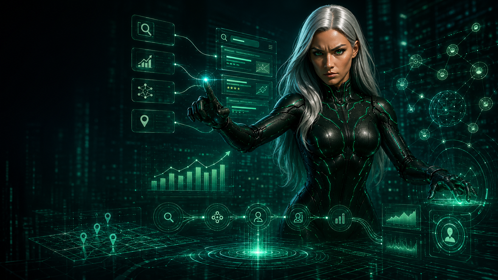 Sasha operating a futuristic AI SEO system with search visibility, ranking growth, schema, entity mapping, local SEO signals, LLM surfacing, and lead pipeline intelligence layers