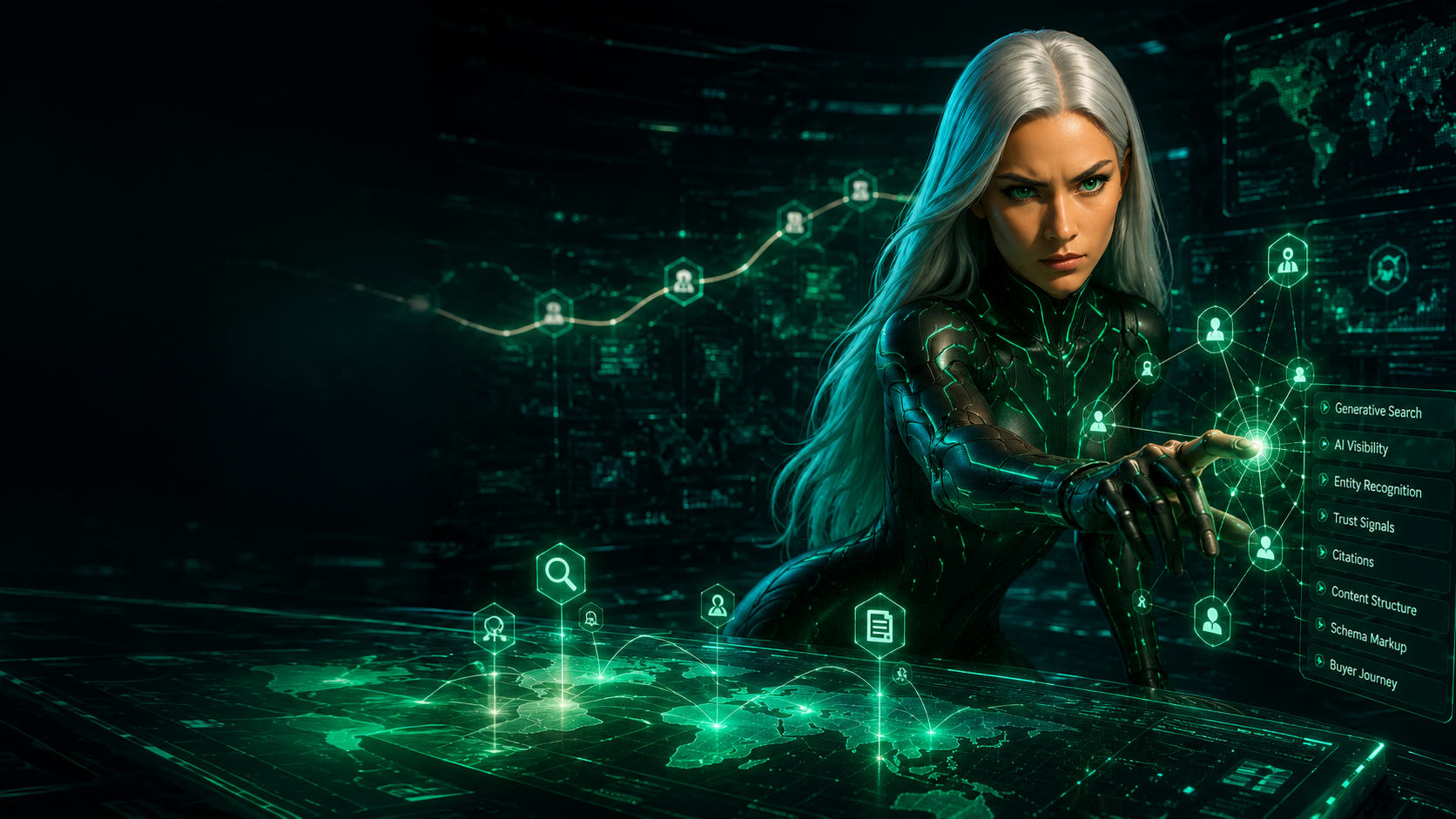 Sasha building a generative search visibility system with GEO signals, AI-generated answer paths, brand entities, schema, trust signals, citations, and buyer journey connections