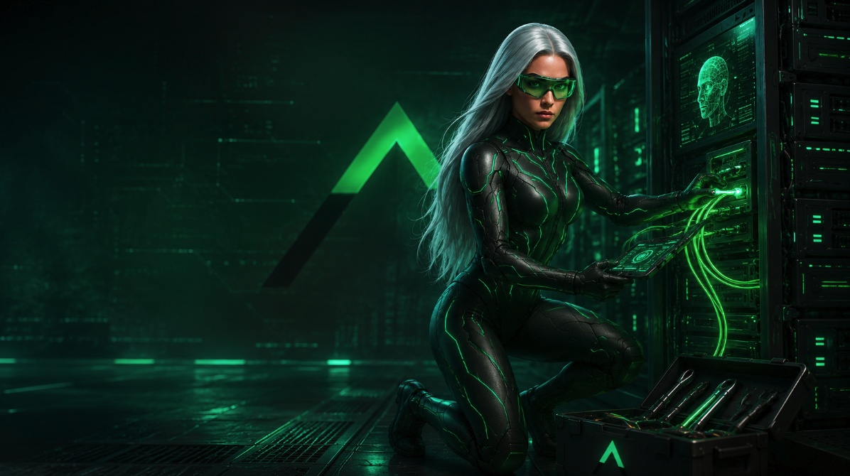 Sasha in a black and green futuristic technology suit connecting advanced communications systems, representing contact centre AI integration