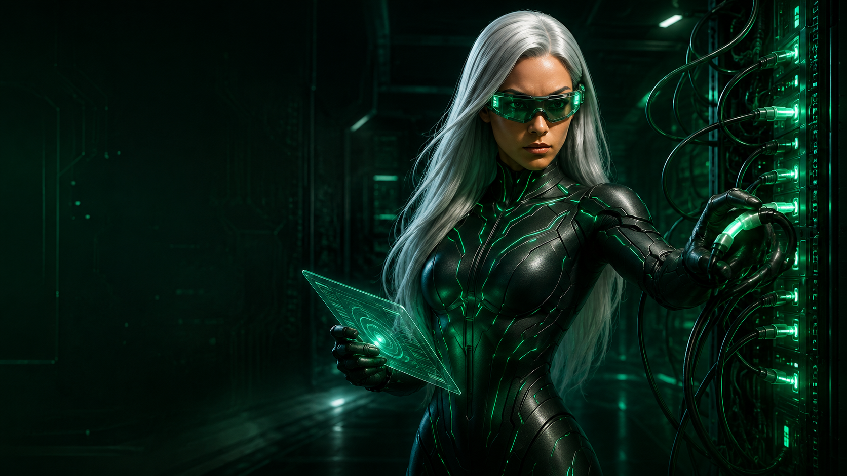 Sasha in a black and green futuristic technology suit using advanced digital interfaces to connect AI with scheduling and booking systems