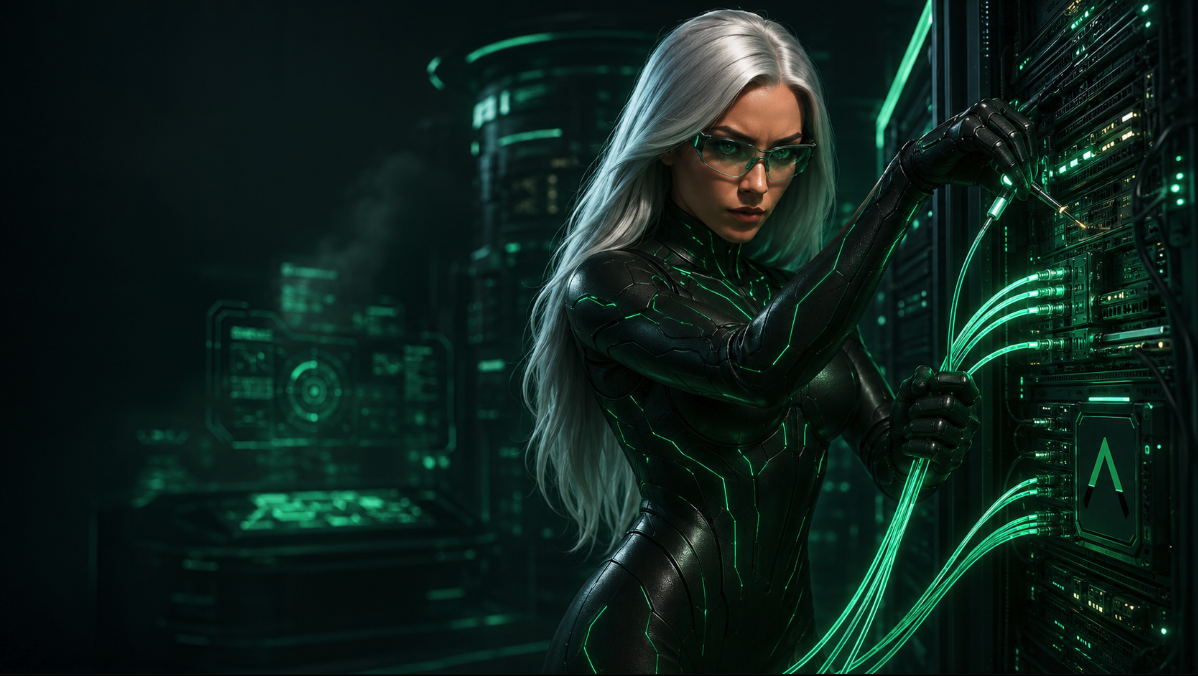 Sasha in a black and green futuristic technology suit connecting digital systems and data cables, representing CRM AI integration