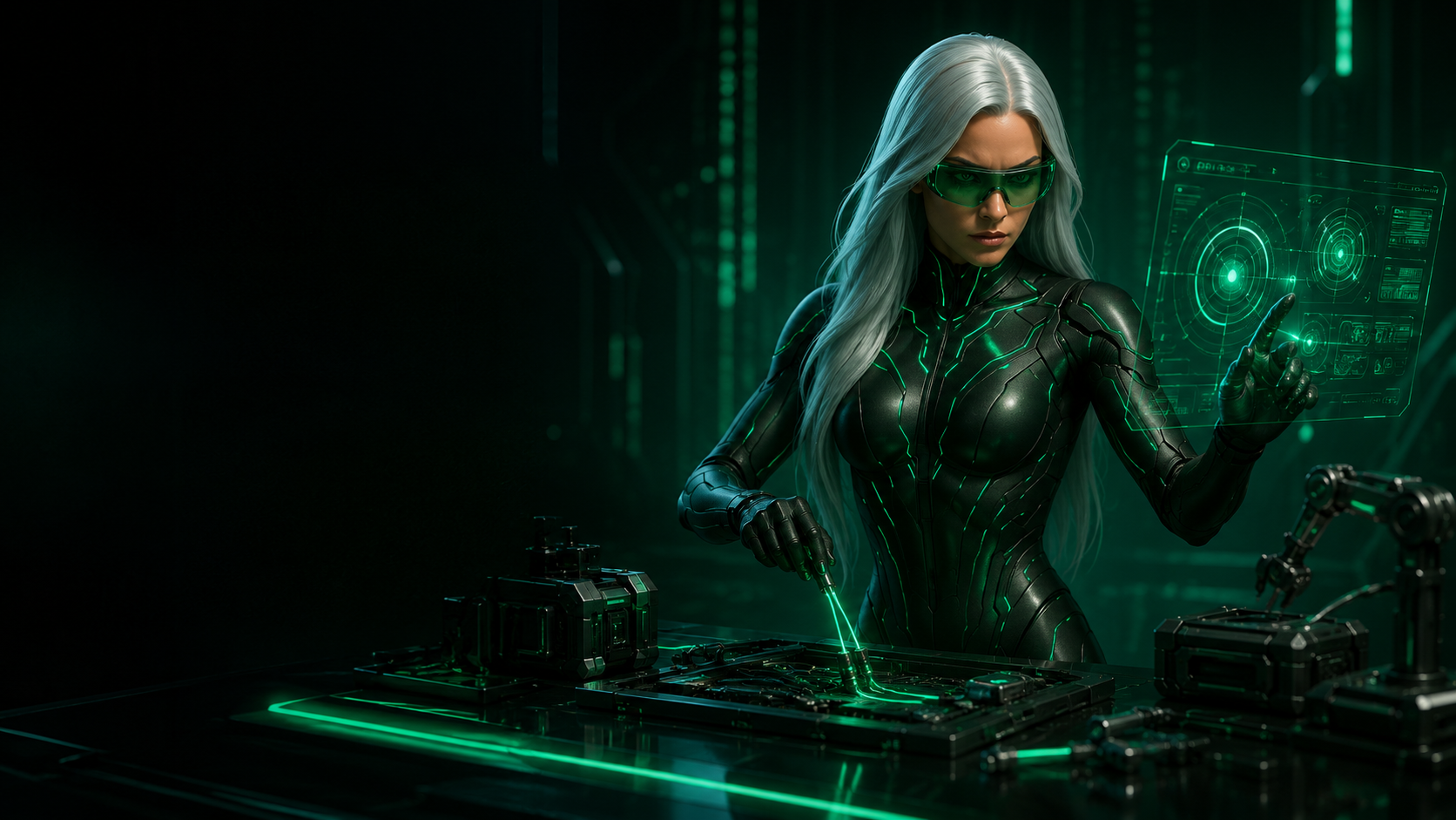 Sasha in a black and green futuristic technology suit connecting digital systems with advanced API tools and data pathways
