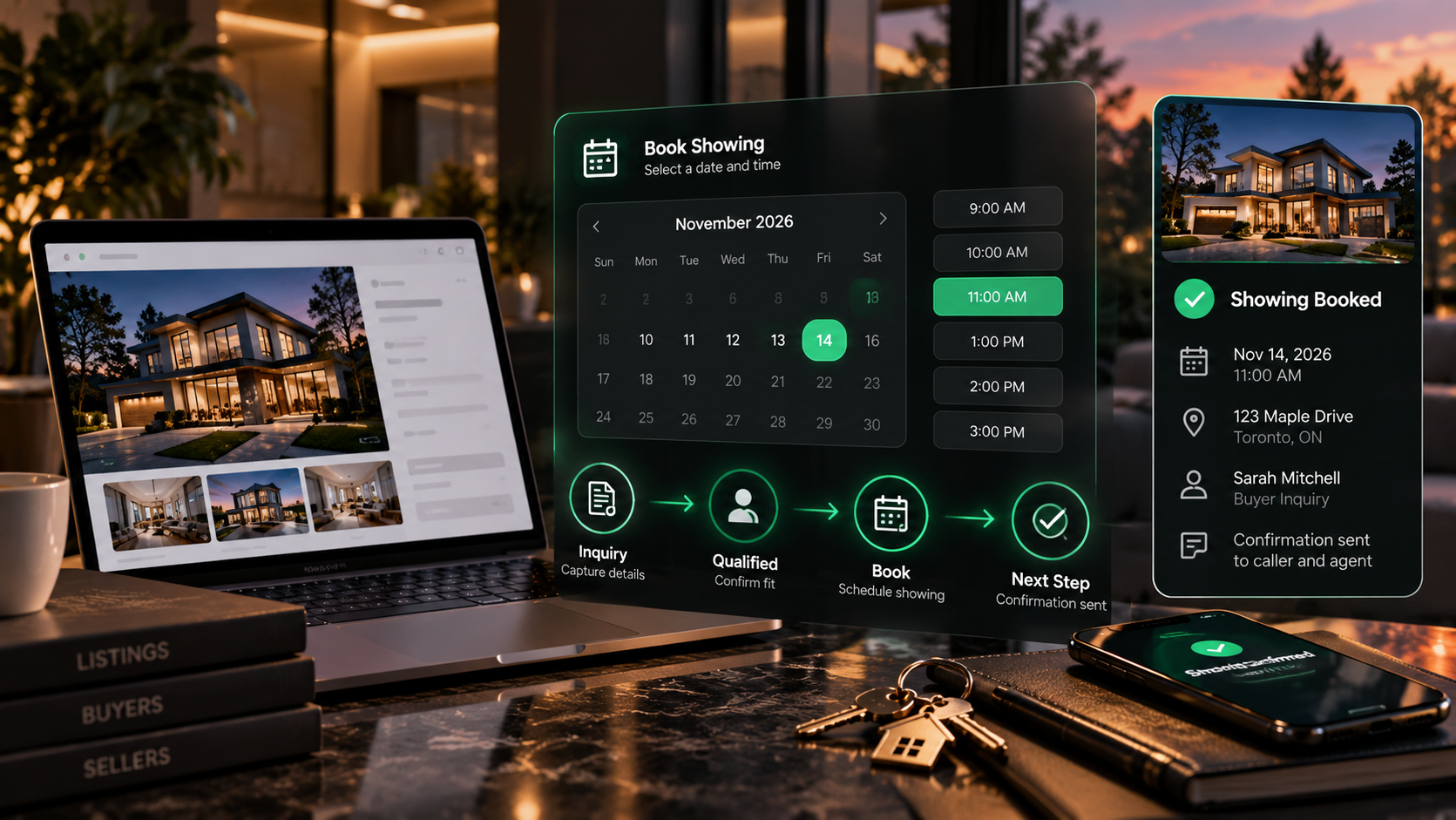 Real estate AI receptionist operations showing call handling, workflow routing, CRM activity, booking, support, reporting, and operational visibility