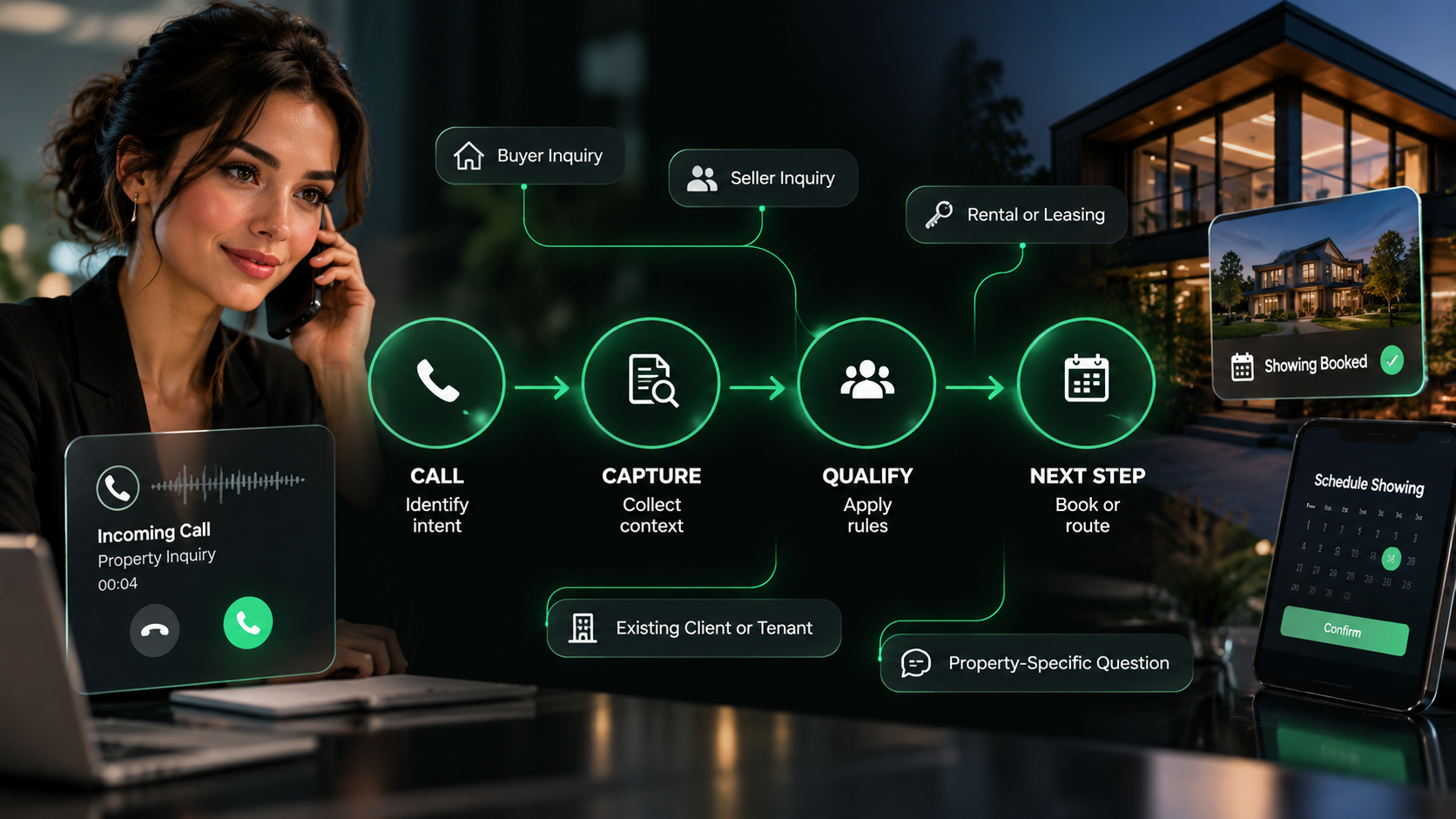 Real Estate AI receptionist workflow showing 24/7 property calls, buyer and seller inquiries, lead capture, booking, agent routing, CRM updates, and follow-up