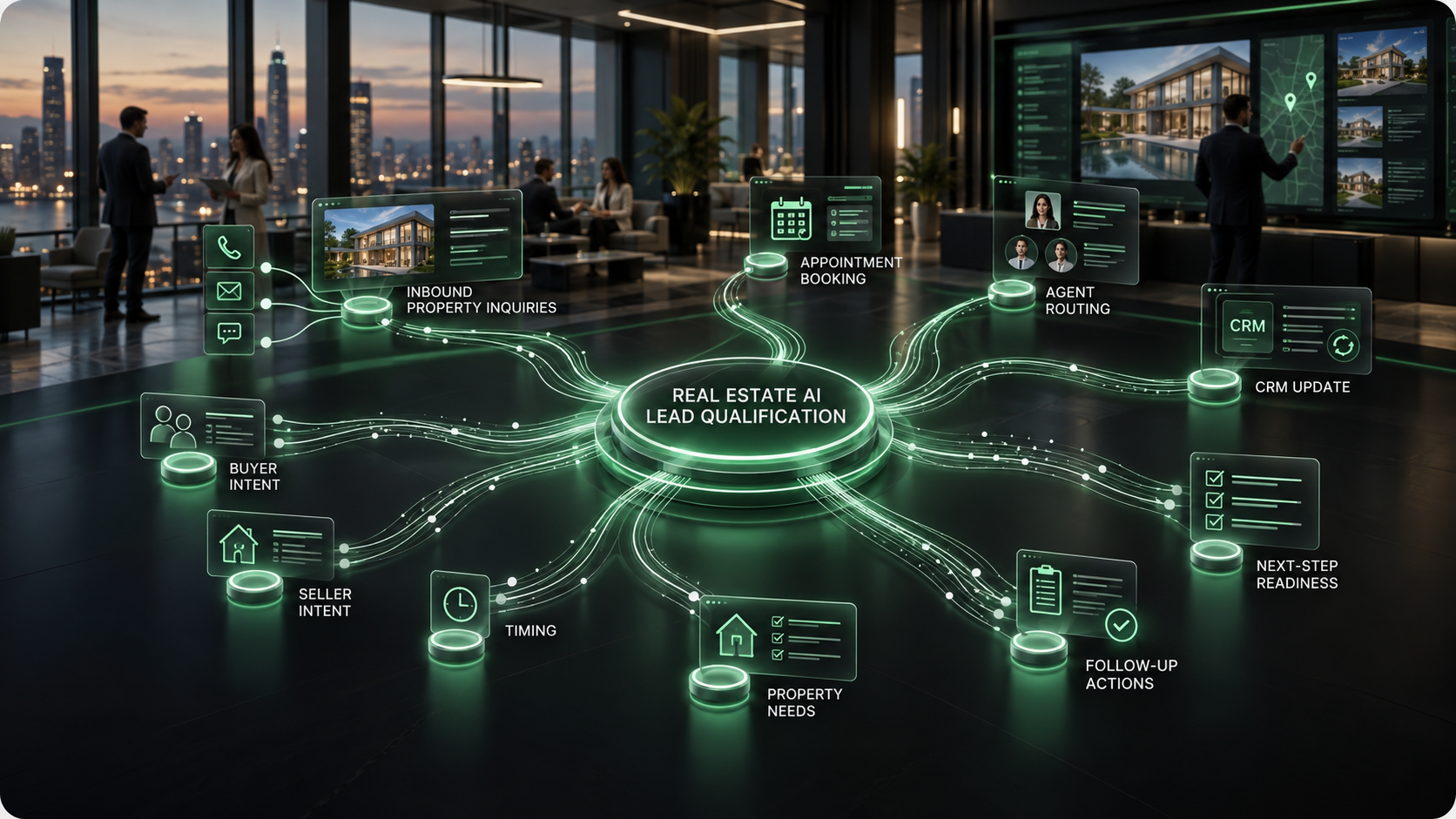 Real Estate AI lead qualification workflow showing inbound property inquiries, buyer and seller intent, timing, property needs, agent routing, CRM updates, and follow-up actions