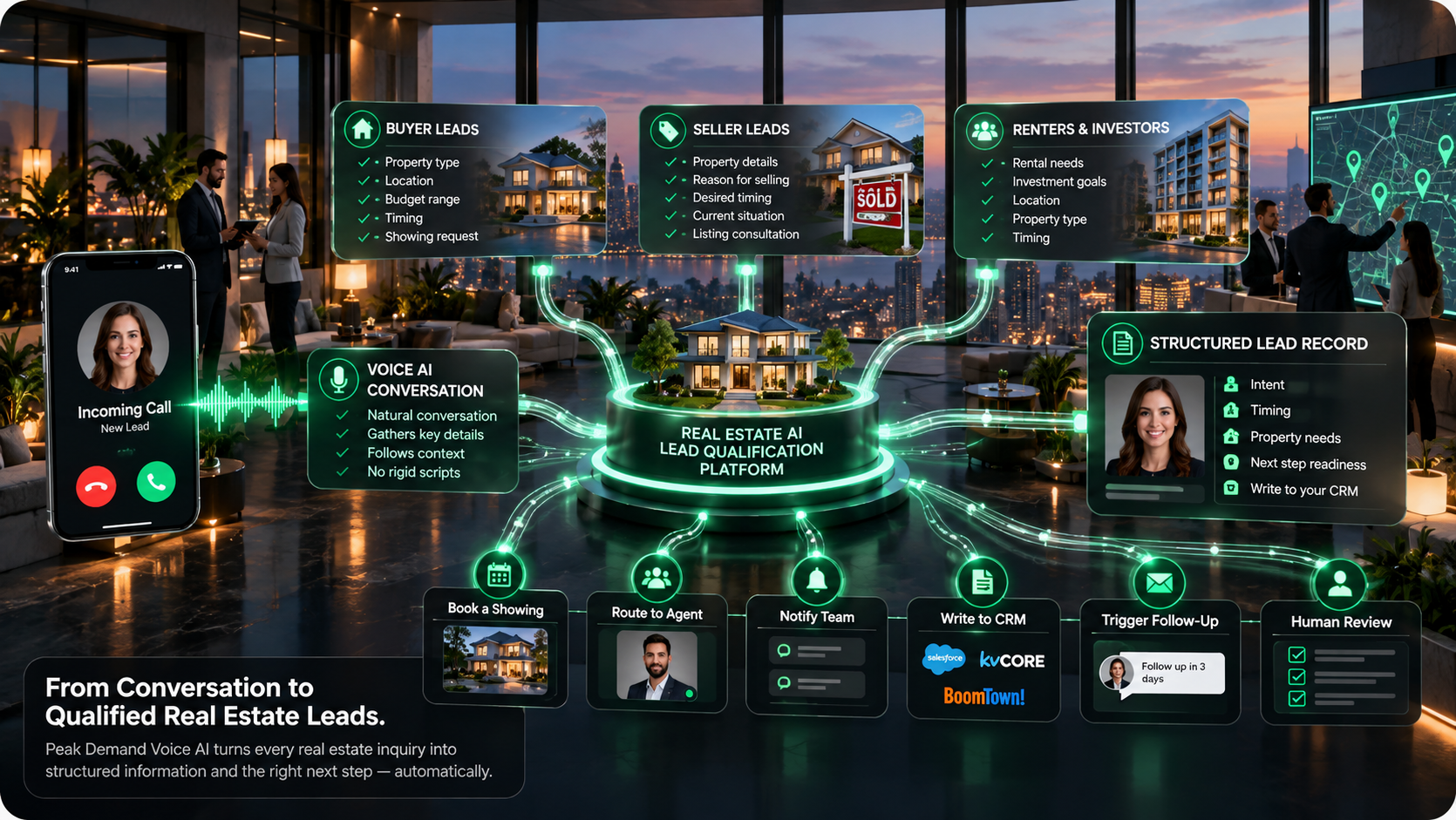 Real Estate AI lead qualification operations visual showing buyer, seller, renter, investor, structured lead records, showing requests, agent routing, CRM updates, follow-up actions, and human review