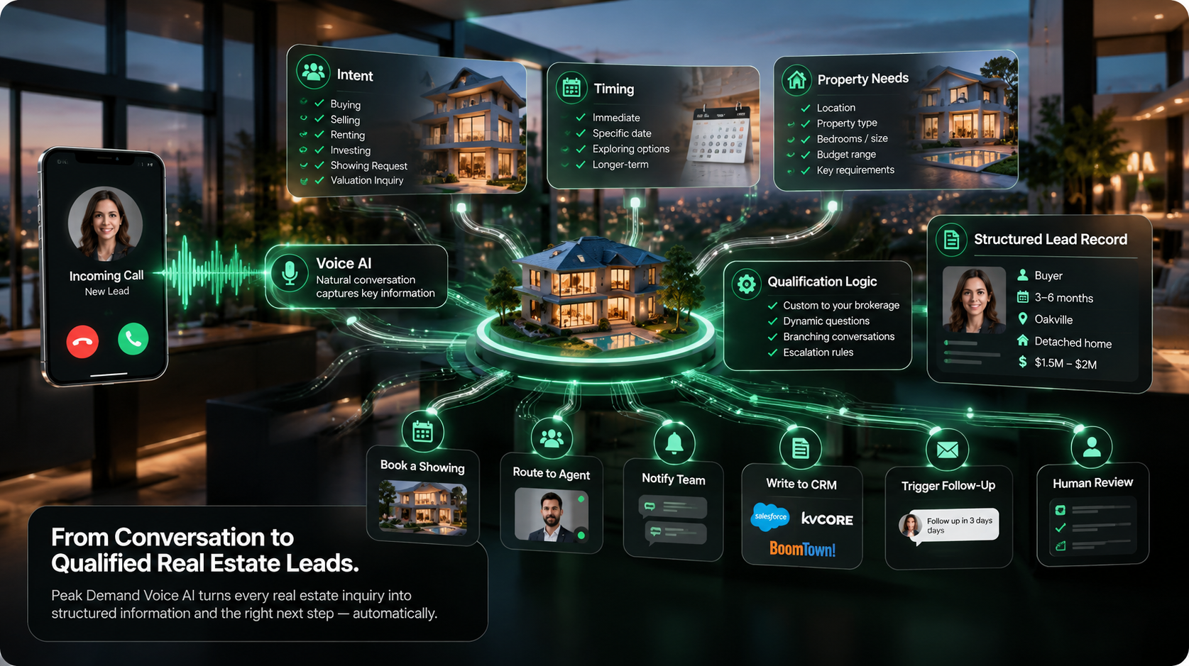 Real Estate AI conversation becoming a structured lead record with intent, timing, property needs, qualification logic, agent routing, showing requests, CRM updates, follow-up, and human review