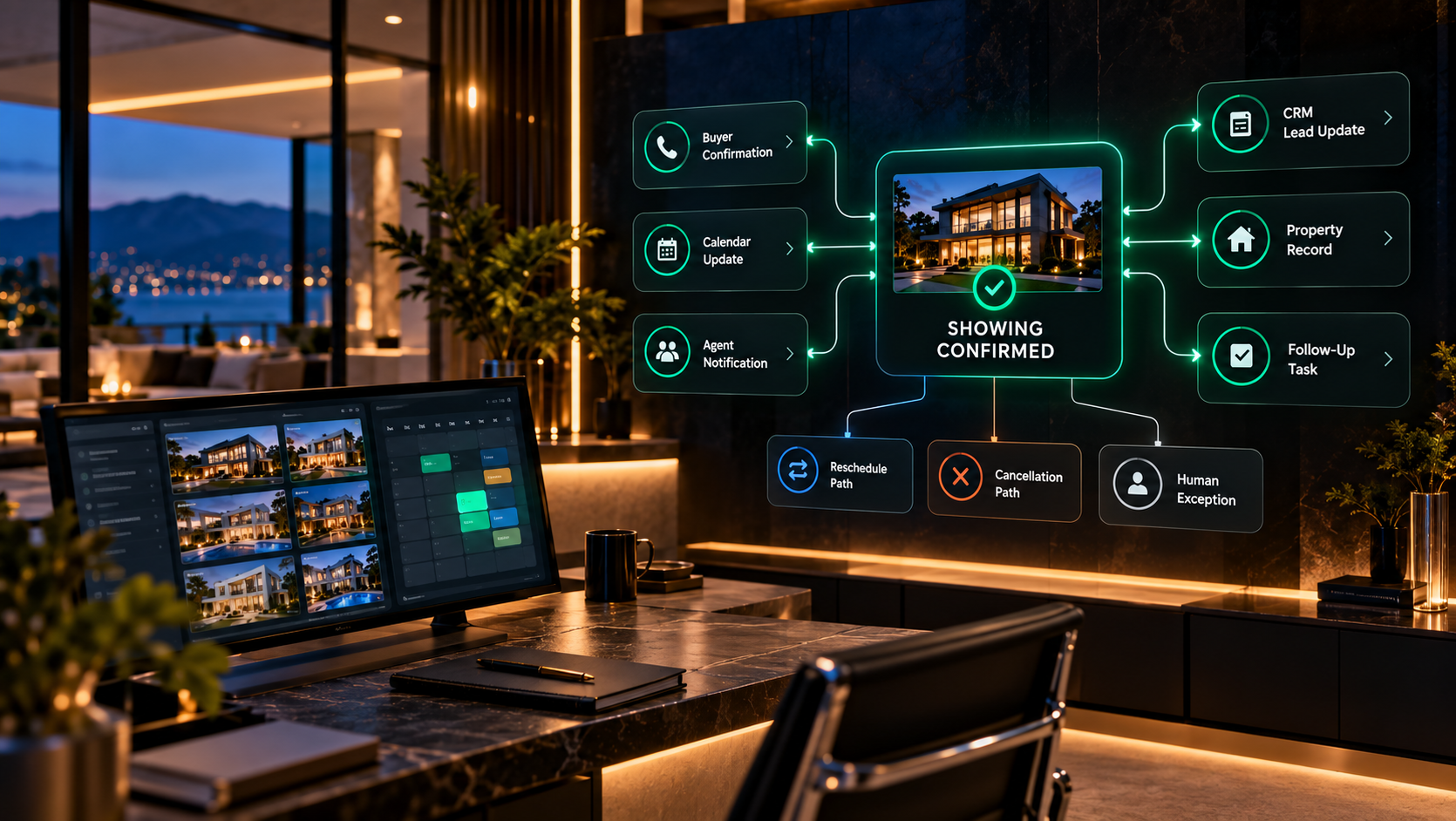 Showing confirmed workflow connecting buyer confirmation, calendar update, agent notification, CRM lead update, property record, follow-up, reschedule, cancellation, and human exception paths