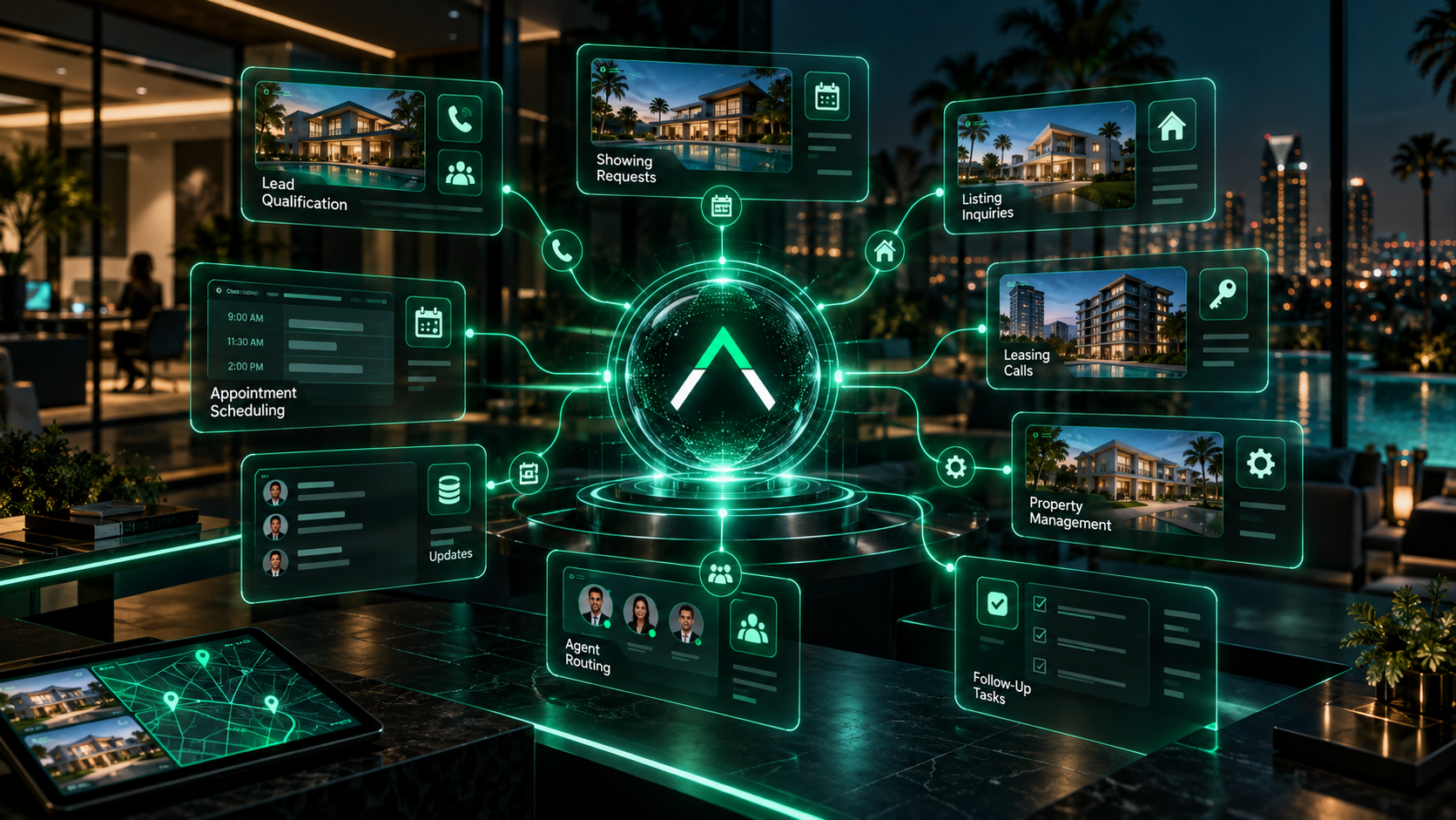 Real Estate Voice AI supporting property inquiries, showing coordination, booking, leasing, agent assignment, notifications and connected workflow actions
