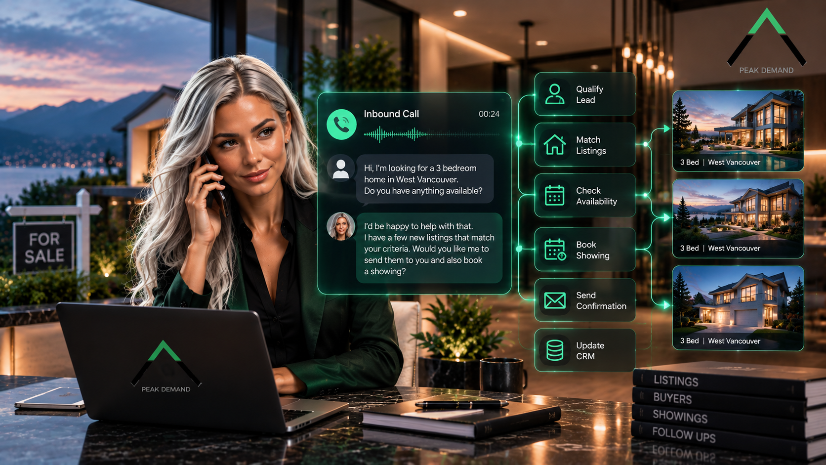 Custom Real Estate Voice AI supporting inbound lead follow-up, property matching, availability checks, showing booking, confirmations and CRM updates under managed operations