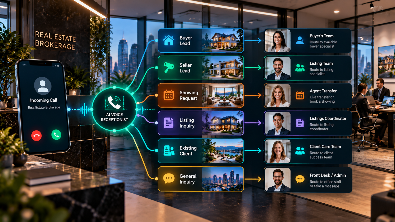 Real estate brokerage AI lead routing workflow showing buyer, seller, showing, listing, existing-client, and general inquiries routed to the appropriate brokerage team