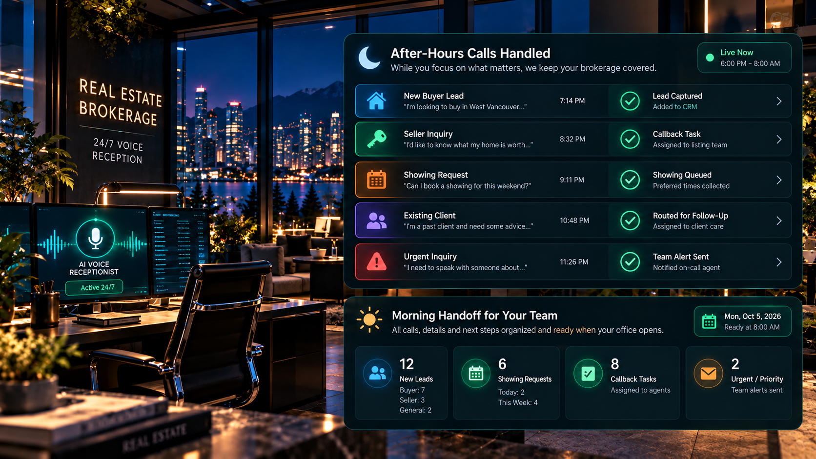After-hours real estate brokerage Voice AI dashboard showing lead capture, showing requests, callbacks, urgent alerts, and next-morning team handoff