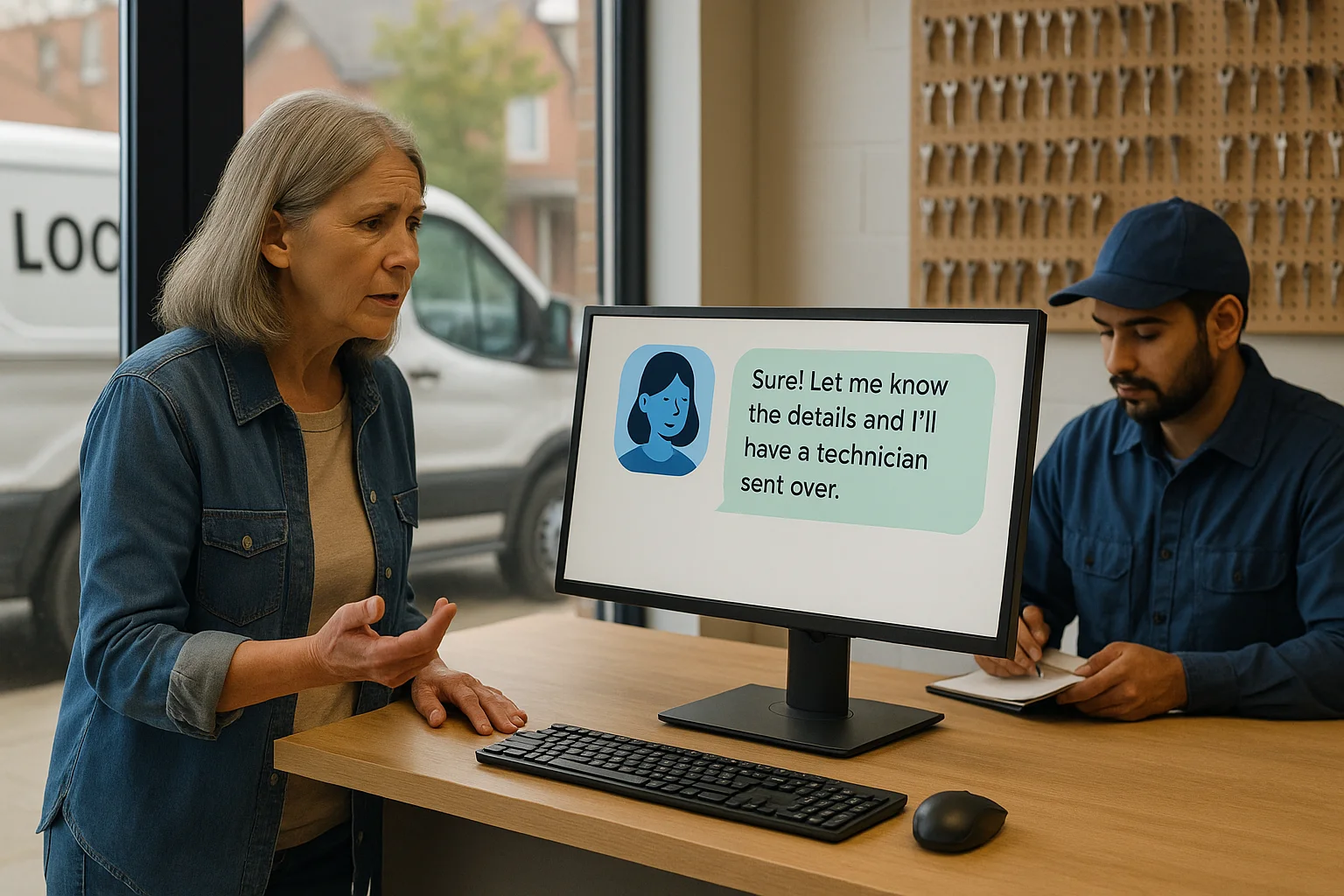 Real world service scene illustrating AI receptionist for locksmiths