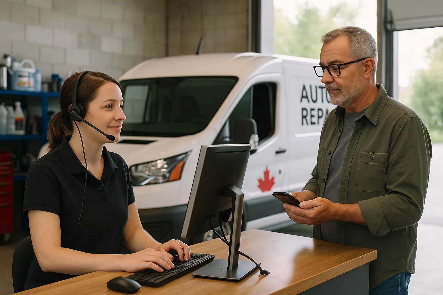Real world service scene illustrating AI receptionist for auto repair