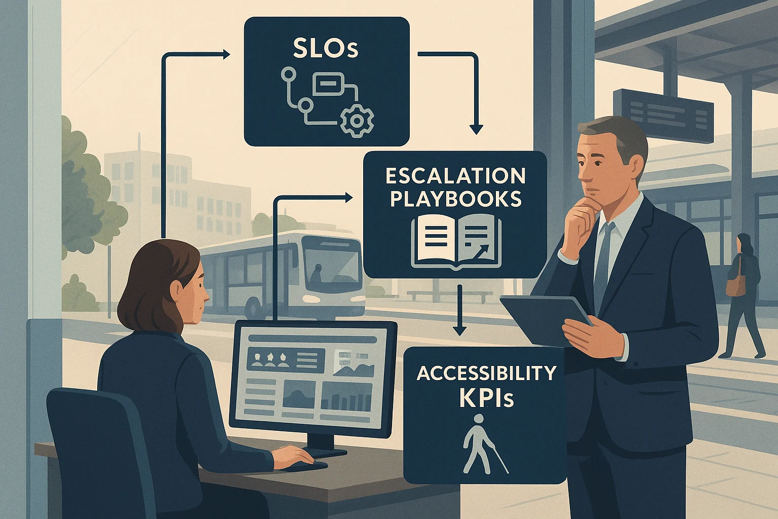 Operations dashboard illustrating Multisite Transit Voice AI SLOs