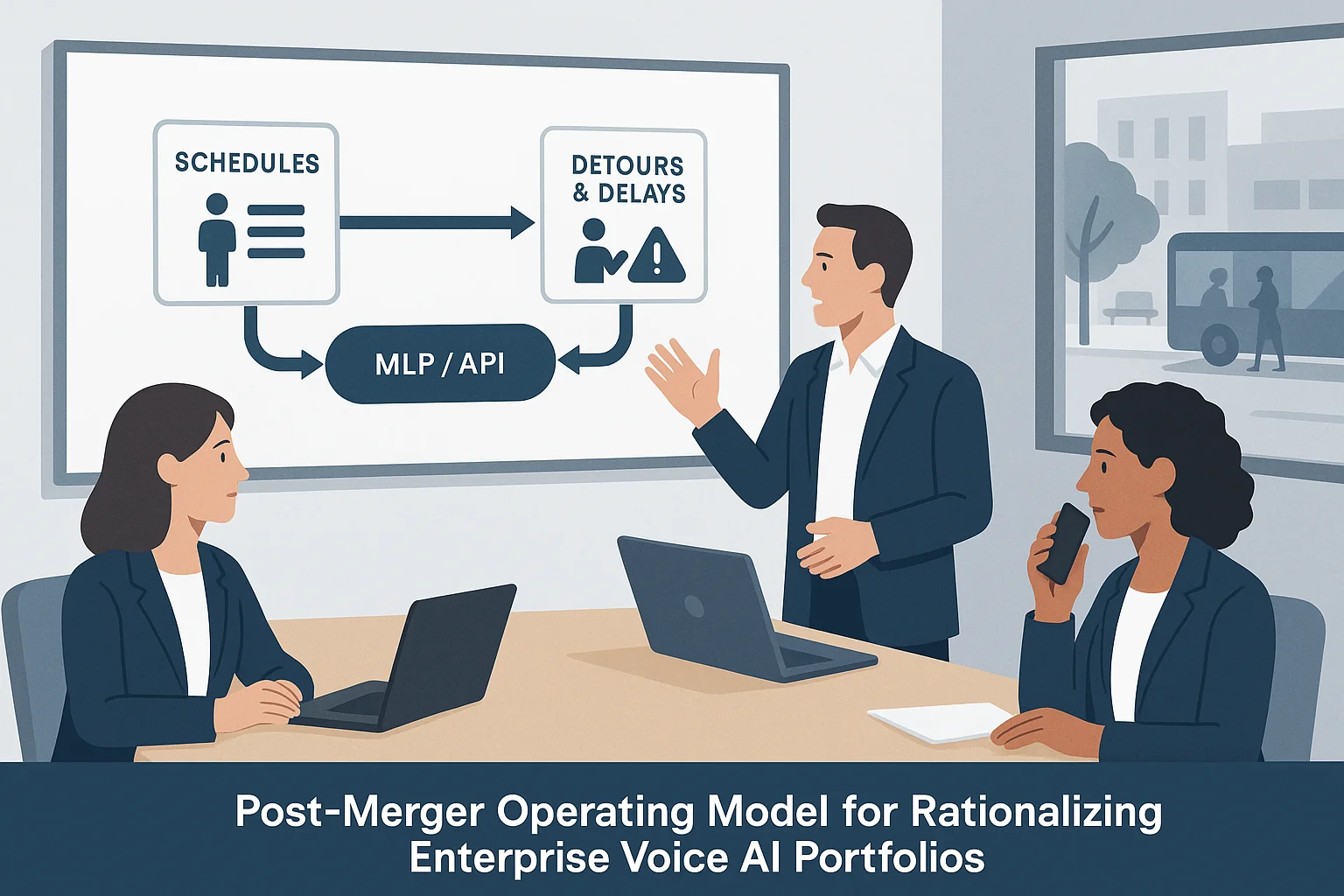 Data flow illustrating post-merger voice AI rationalization