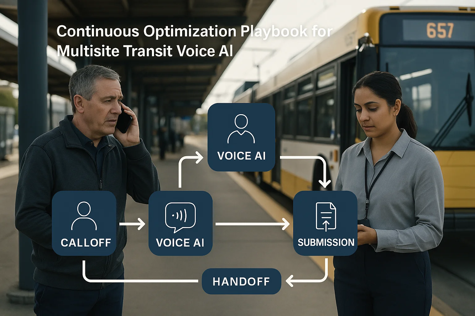 Workflow illustrating multisite transit voice AI optimization