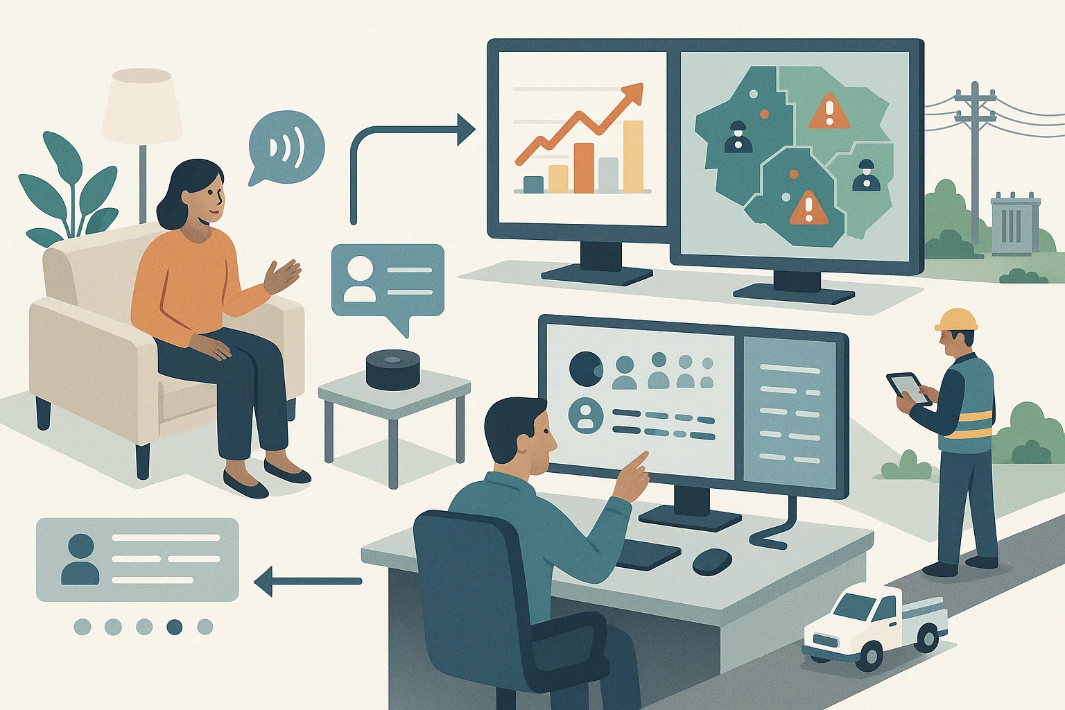 Utility operations dashboard illustrating Utilities Voice AI operating model