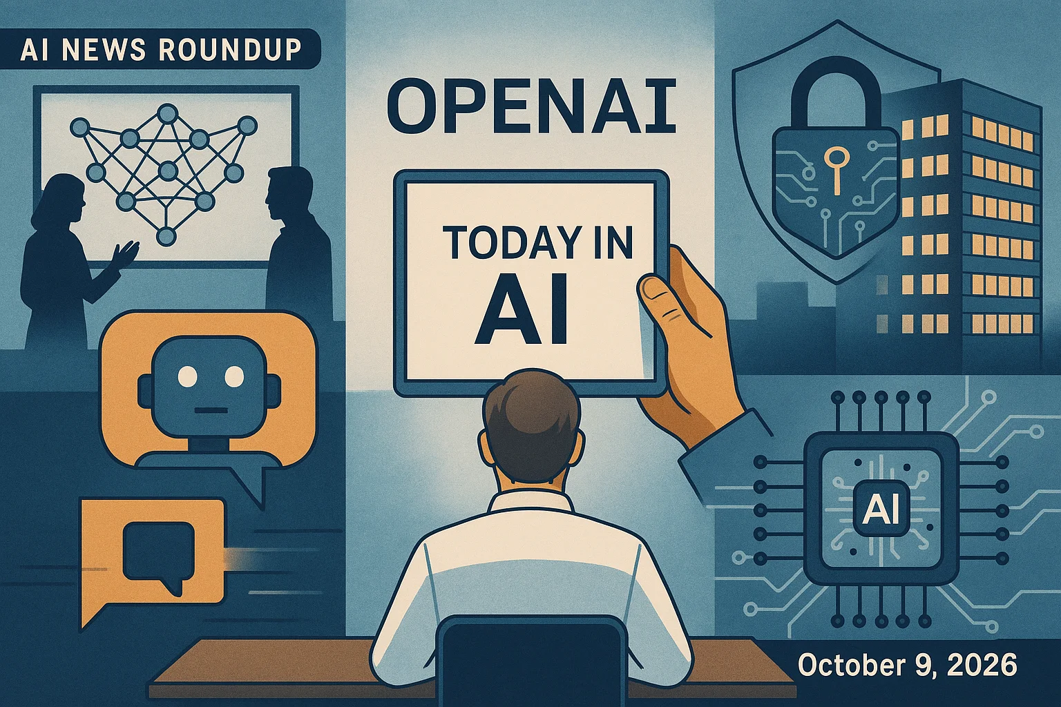 At-a-glance illustrated summary for AI News Roundup for October 9, 2026: Today’s Biggest AI, Policy and Market Updates dated October 9, 2026
