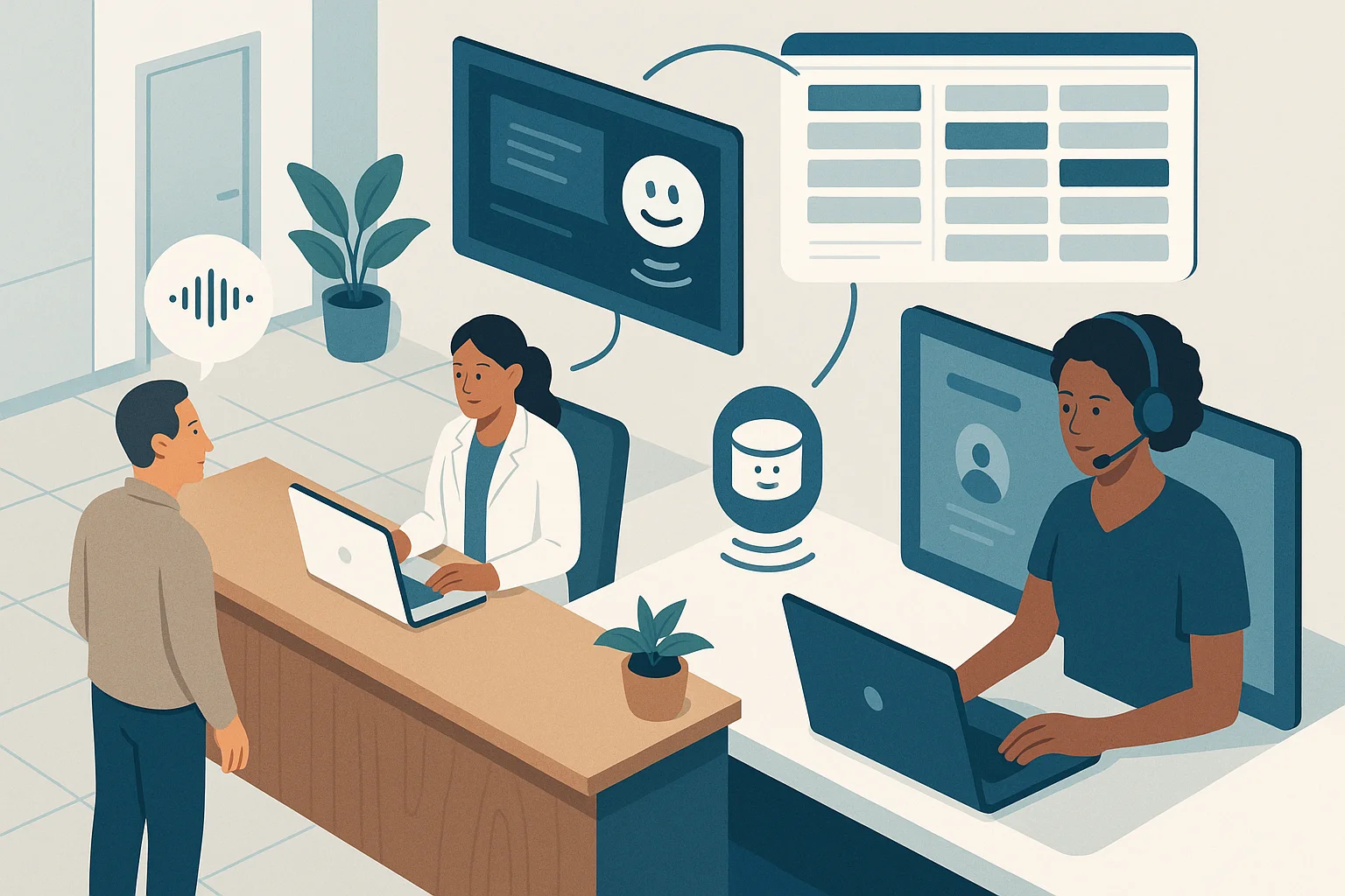 Clinic operations scene illustrating Voice AI handoff healthcare