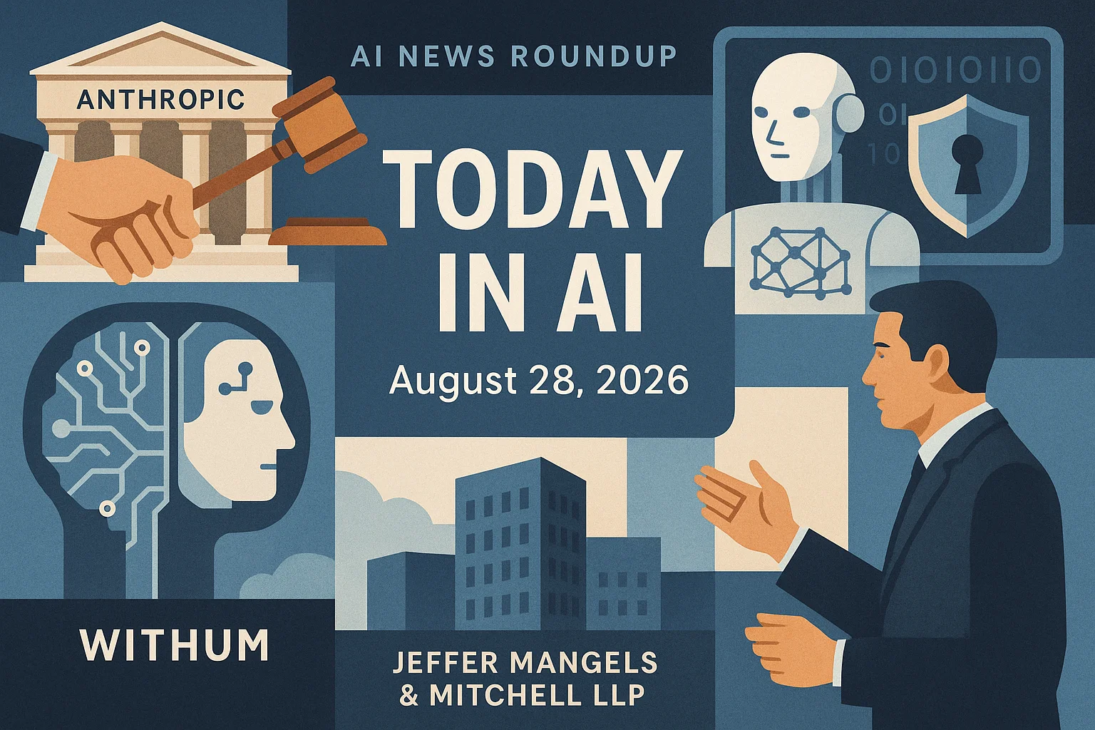 At-a-glance illustrated summary for AI News Brief for August 28, 2026: Anthropic gets its first court win over the Pentagon's supply-chain risk label | TechCrunch dated August 28, 2026