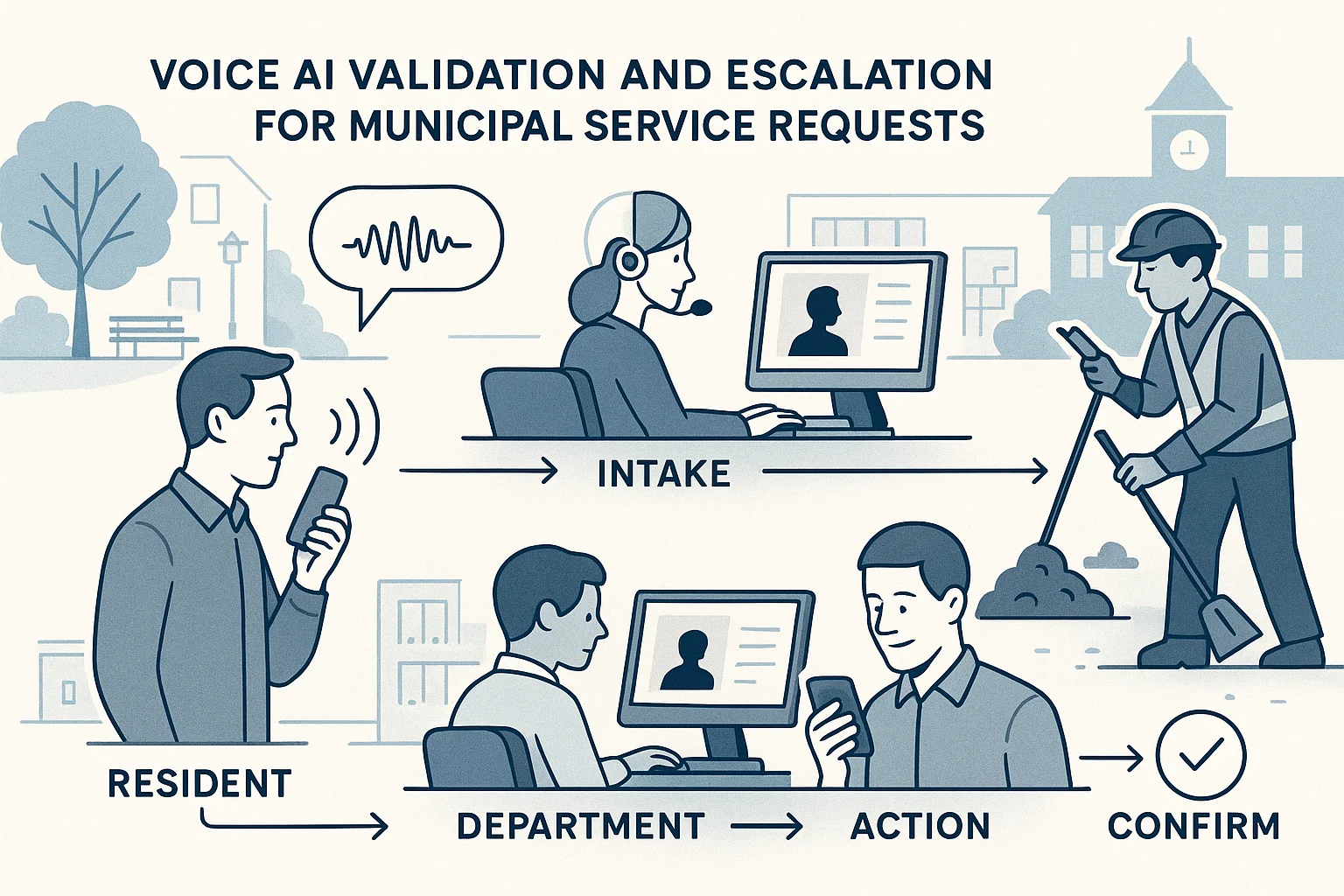 Municipal request workflow illustrating Voice AI validation and escalation