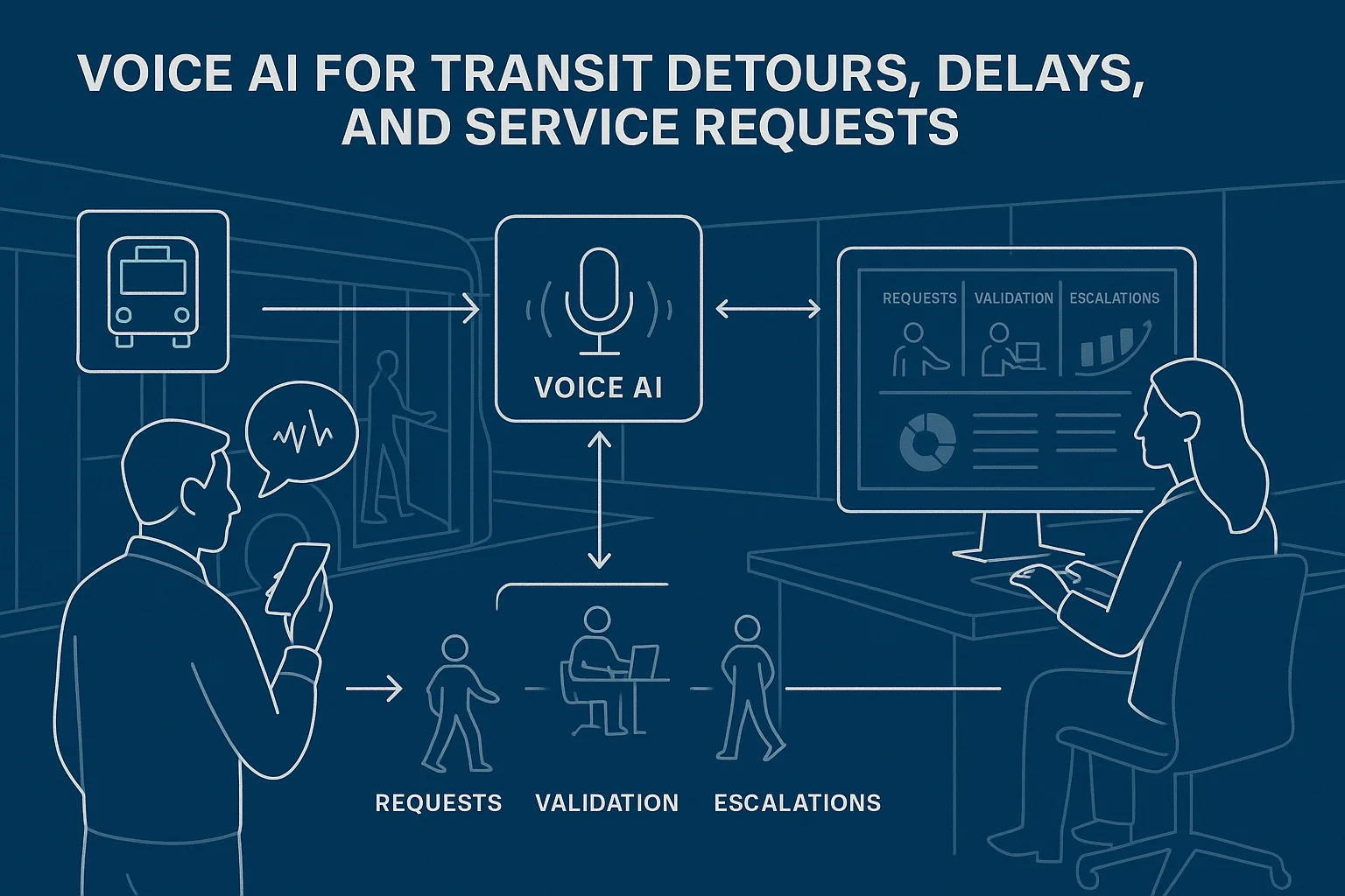 Operations dashboard illustrating Voice AI transit detours delays service requests