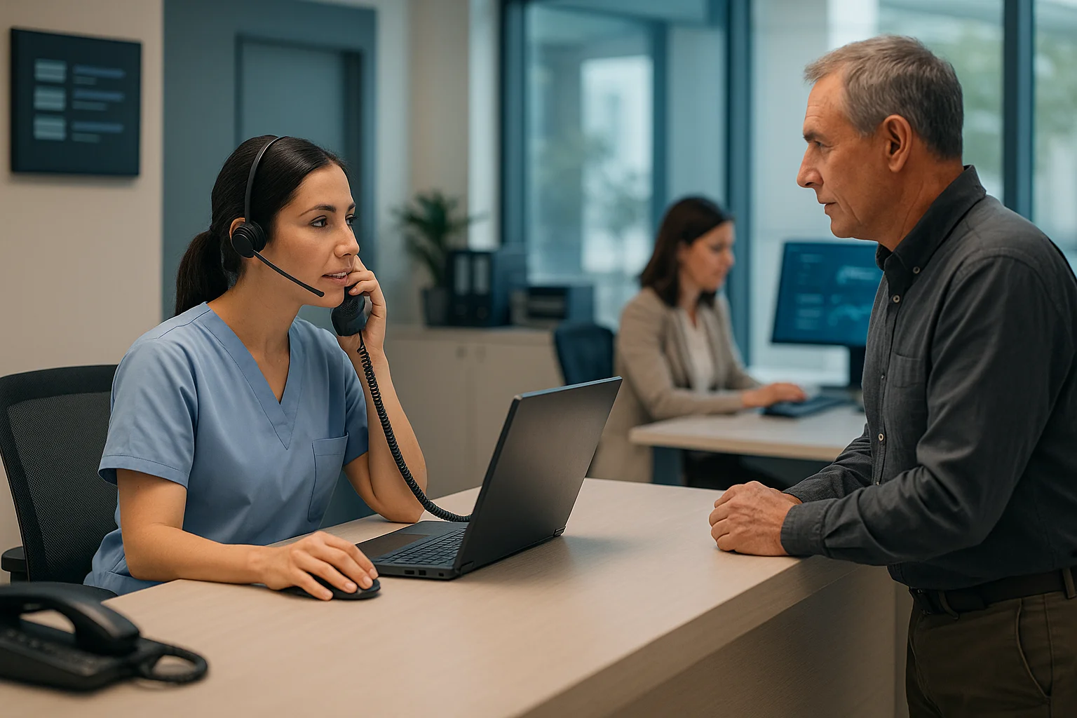 Clinic operations scene illustrating Voice AI patient identity