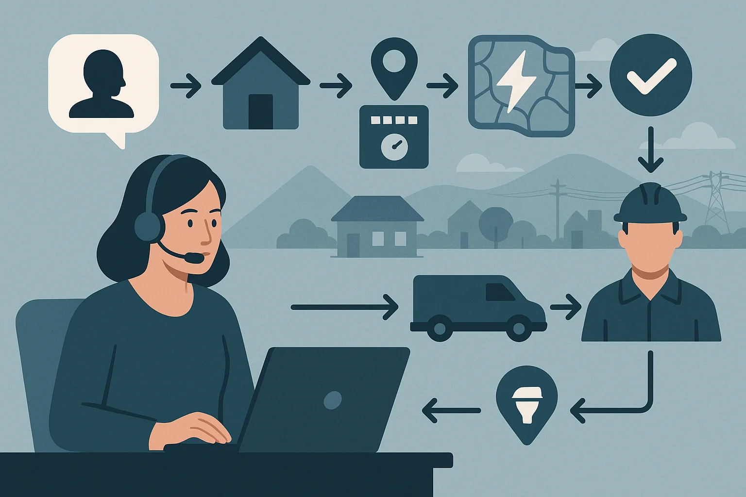 Utility request workflow illustrating predictive outage response Voice AI