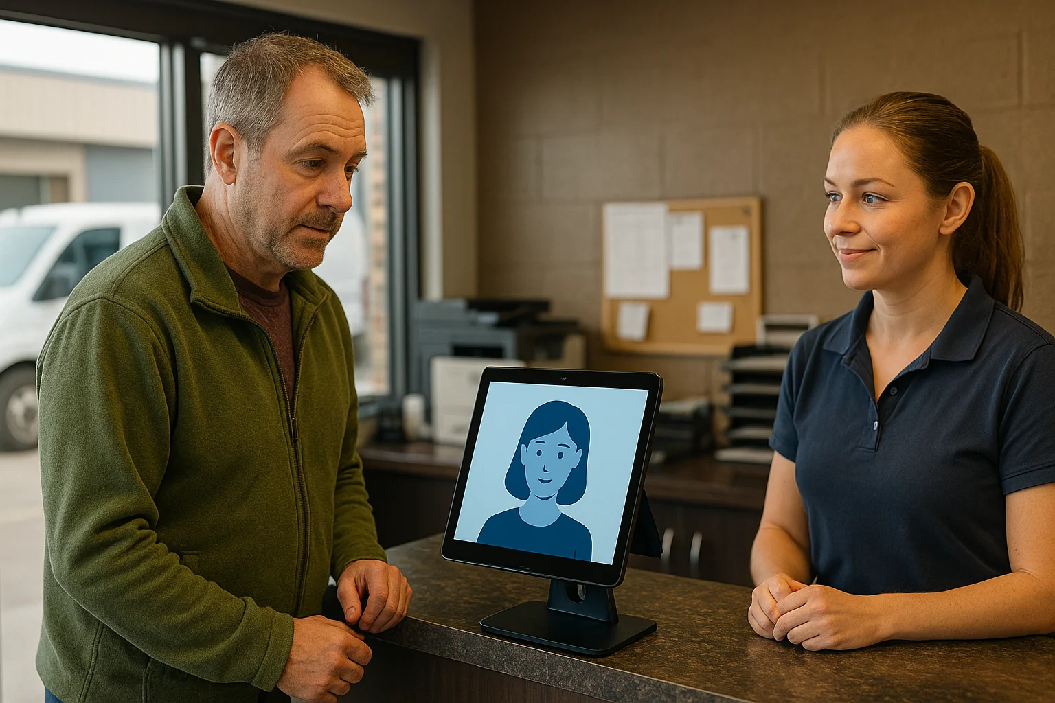 Real world service scene illustrating AI receptionist