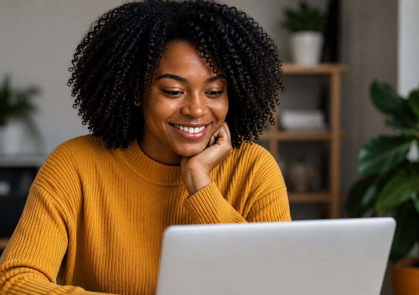 A woman smiling at her laptop during a virtual therapy session at home.