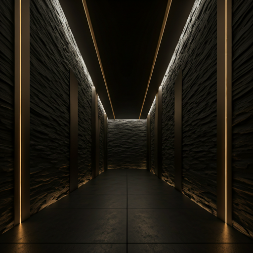 An architectural visualization of a sleek, subterranean corridor carved into dark natural stone. Minimalist, recessed lighting strips cast a warm, champagne-gold glow across the rough texture of the rock and the polished concrete floors. The atmosphere is highly secretive, silent, and deeply luxurious, echoing the design language of a covert alpine vault. Shadow and form play heavily in this cinematic composition.