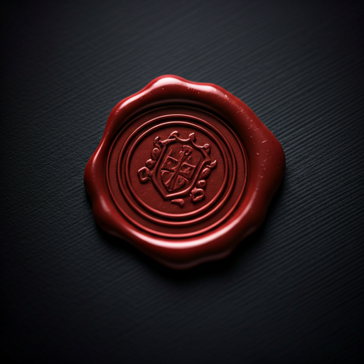 A cinematic close-up of a deep crimson, heavy wax seal pressed onto thick, textured parchment envelope. The lighting is extremely moody, using a low-key chiaroscuro technique to emphasize the shadows and the intricate details of the emblem stamped in the wax. The background fades into a deep, luxurious black, reflecting an elite, exclusive club aesthetic within a high-end minimalist design system.