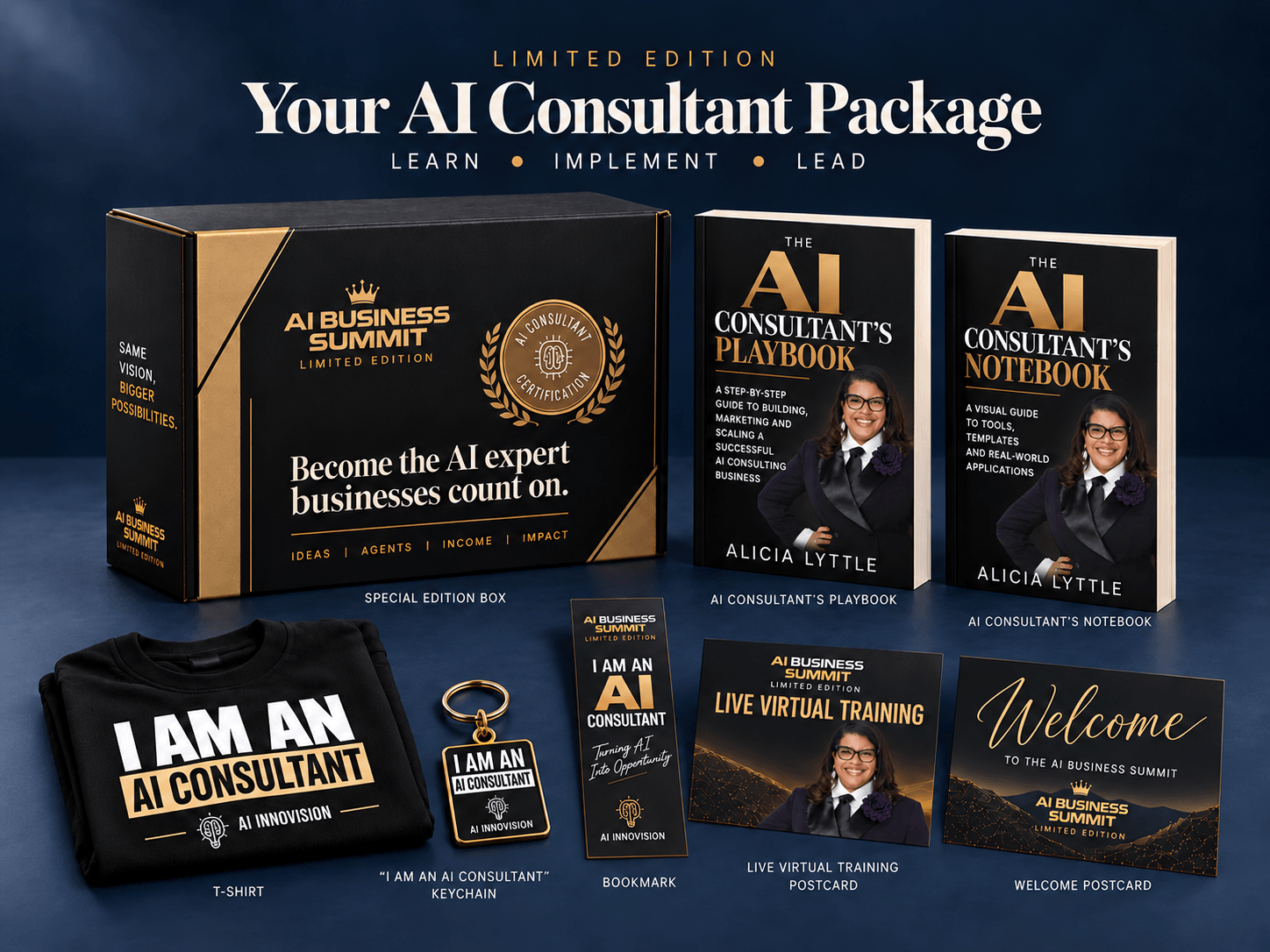 The AI Consultant Certification welcome kit: certification box, playbook, notebook, t-shirt, and welcome postcard