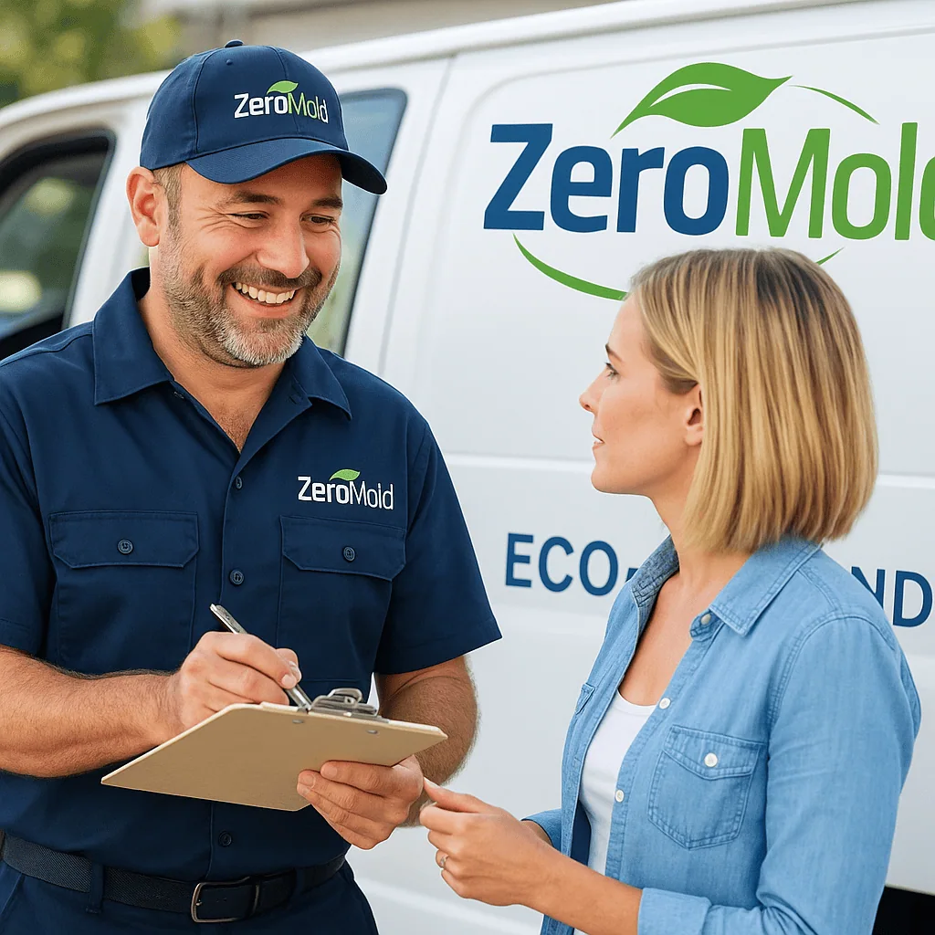 Manager talking with homeowner by service van