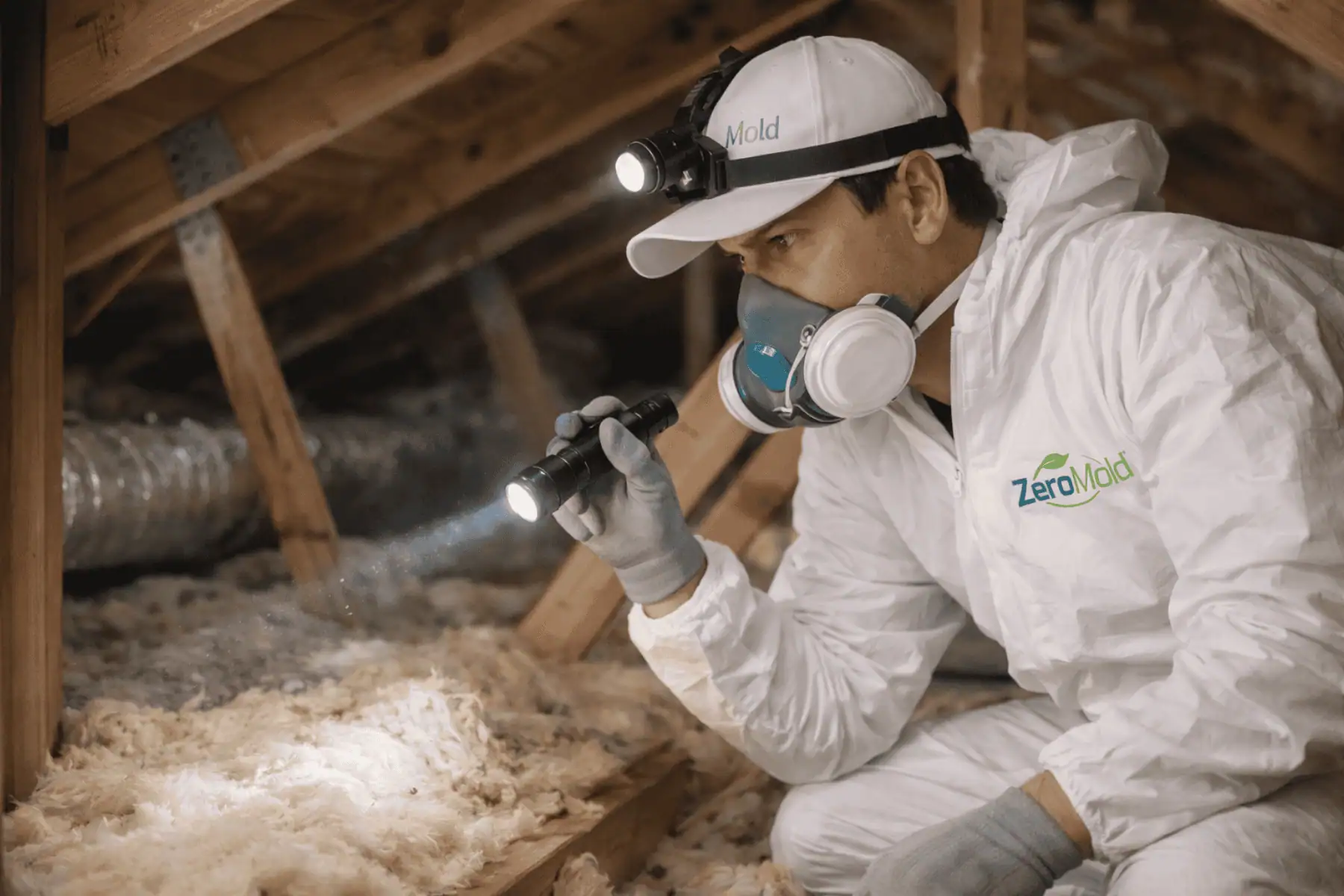 Technician inspecting attic