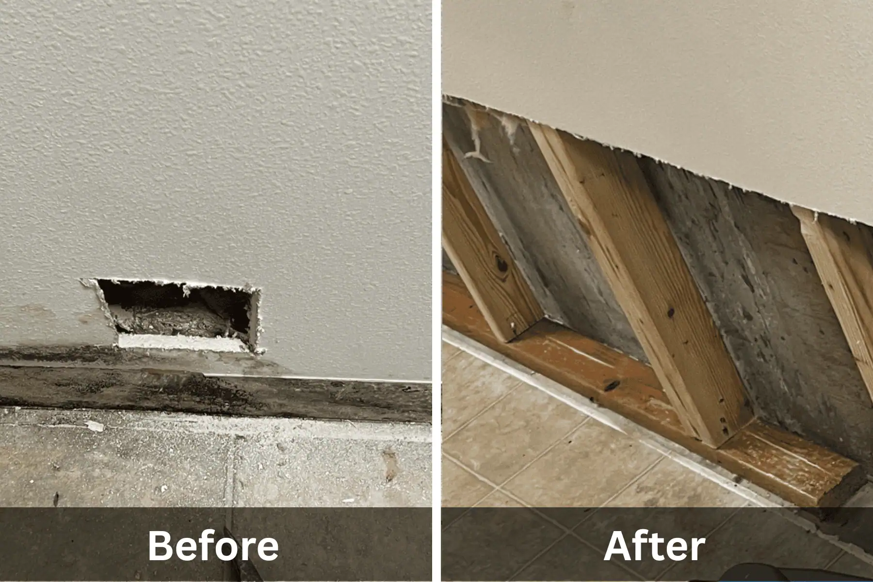 Before and after photo of mold removal drywall removal