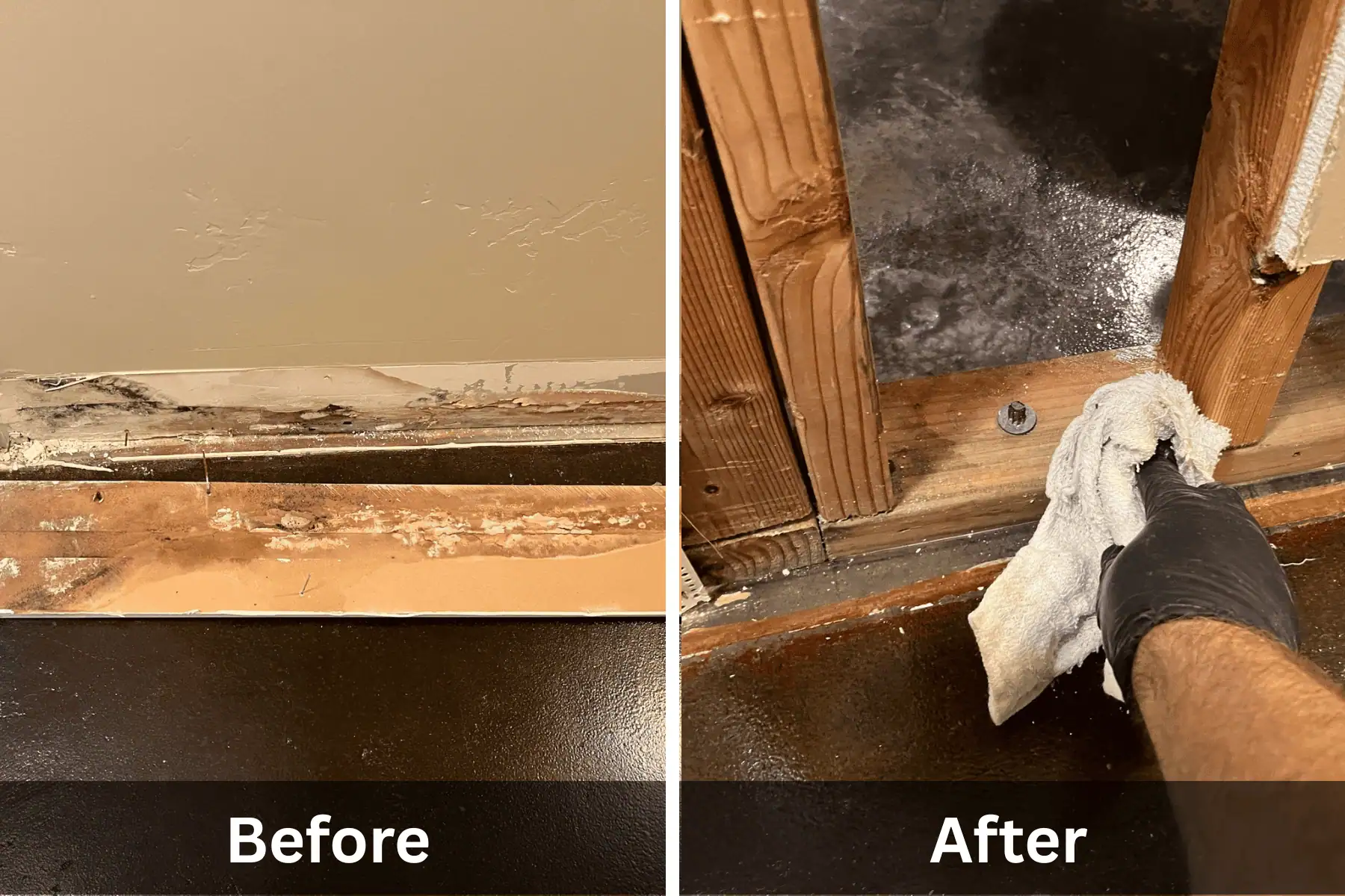 Before and after photo of mold removal on cframing