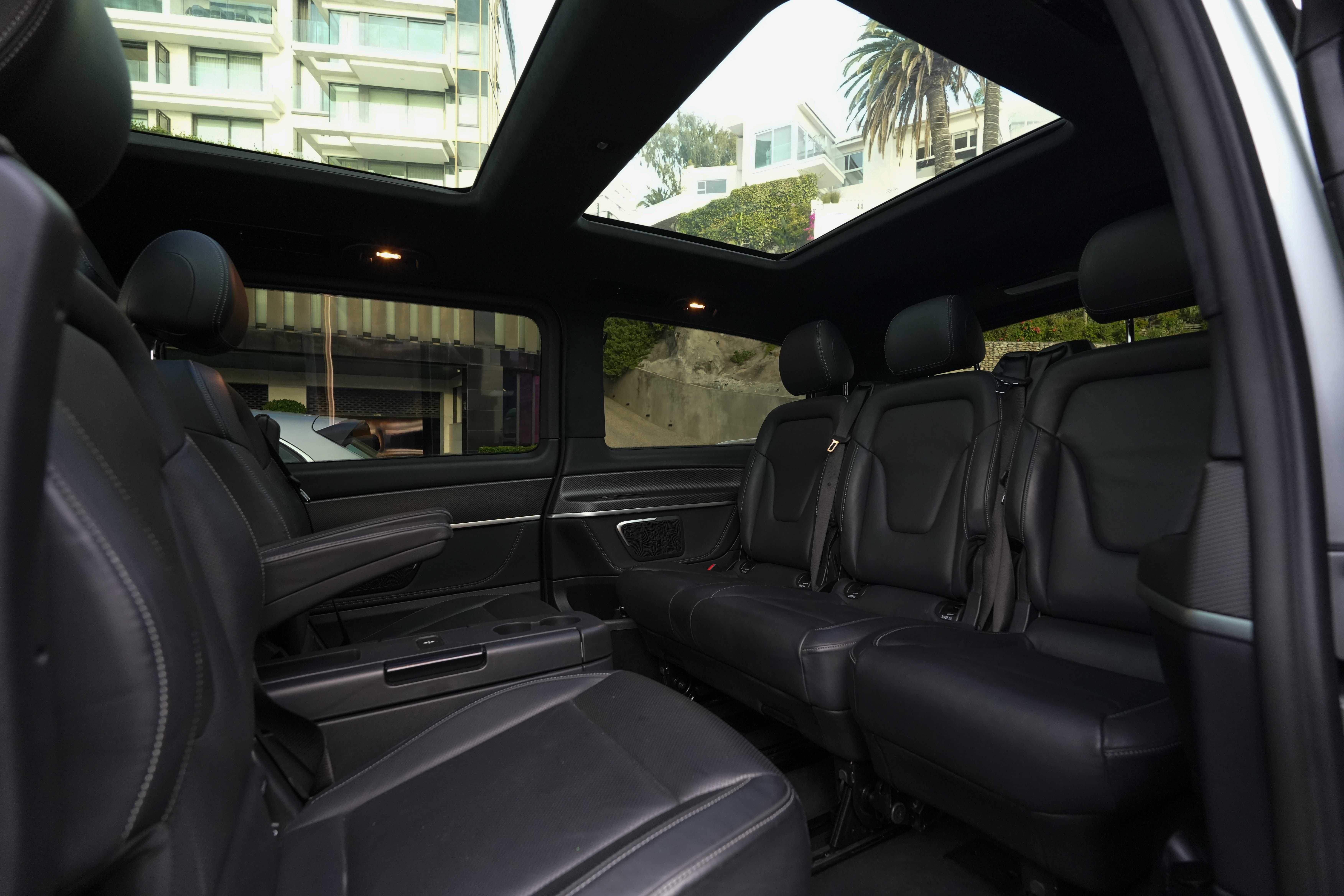 Black 2024 Mercedes-Benz V-Class V300d cabin or seating detail view.
