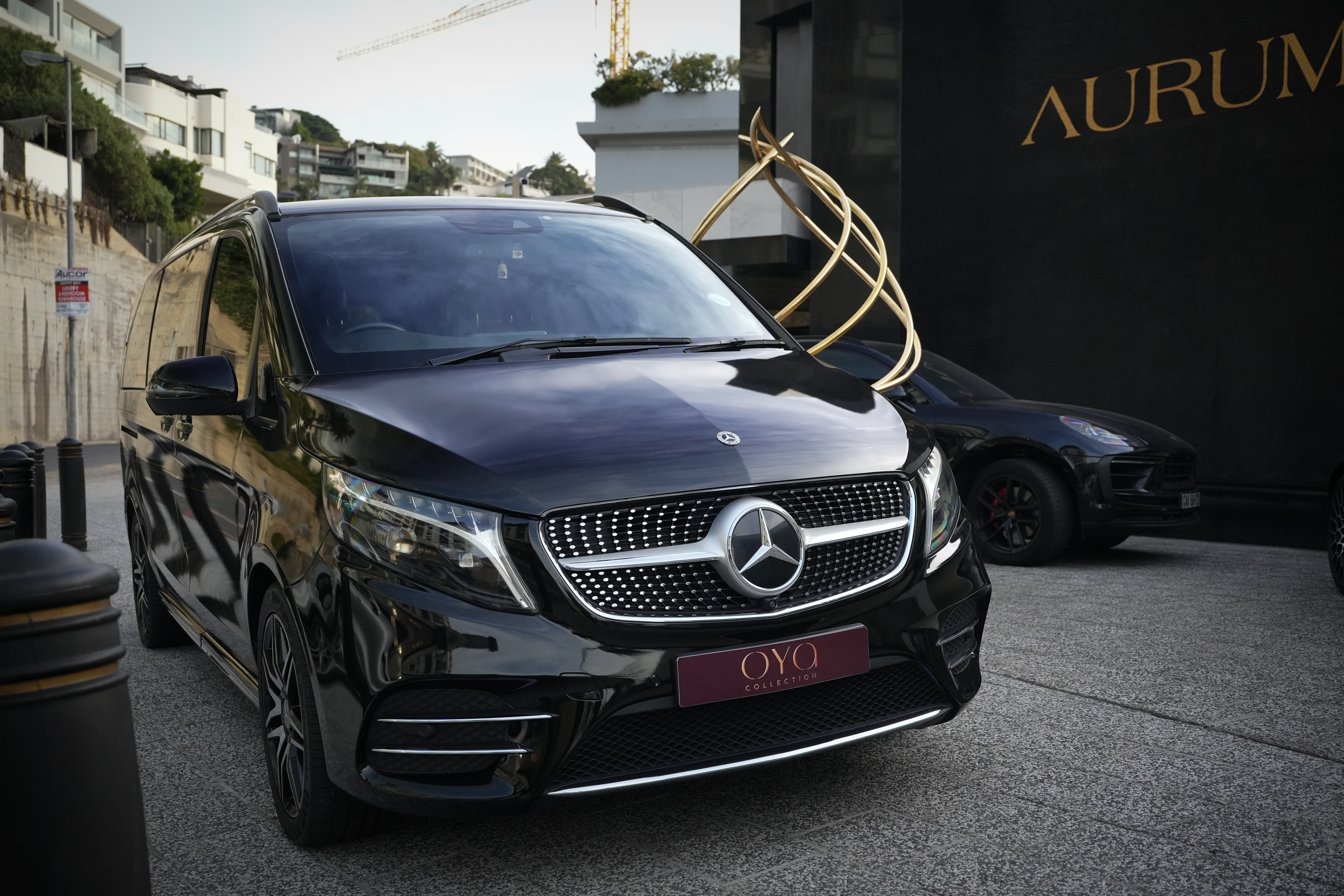 Black 2024 Mercedes-Benz V-Class V300d front three-quarter view for hire in Cape Town.