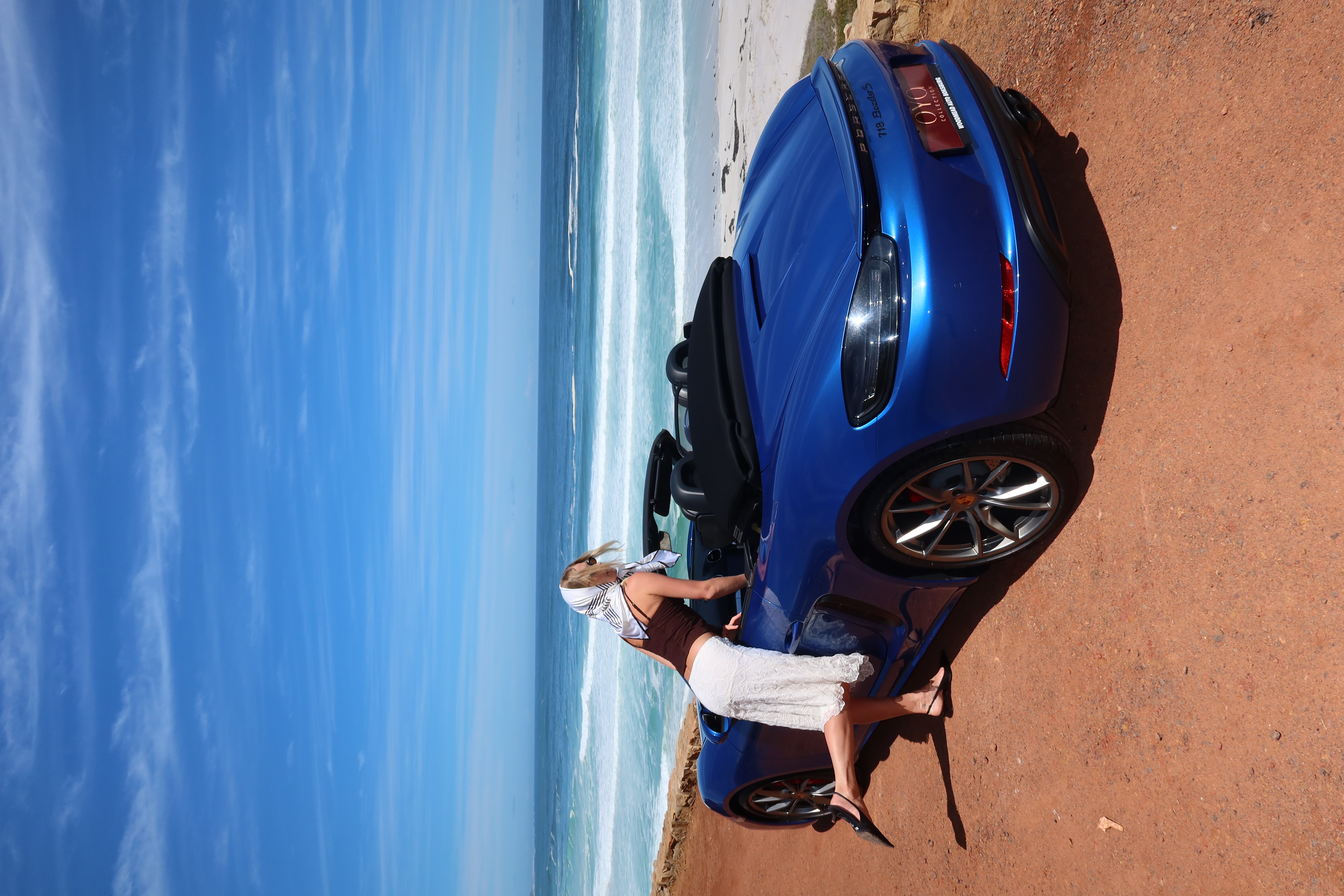 Blue 2017 Porsche Boxster 718 S rear angle for hire in Cape Town.